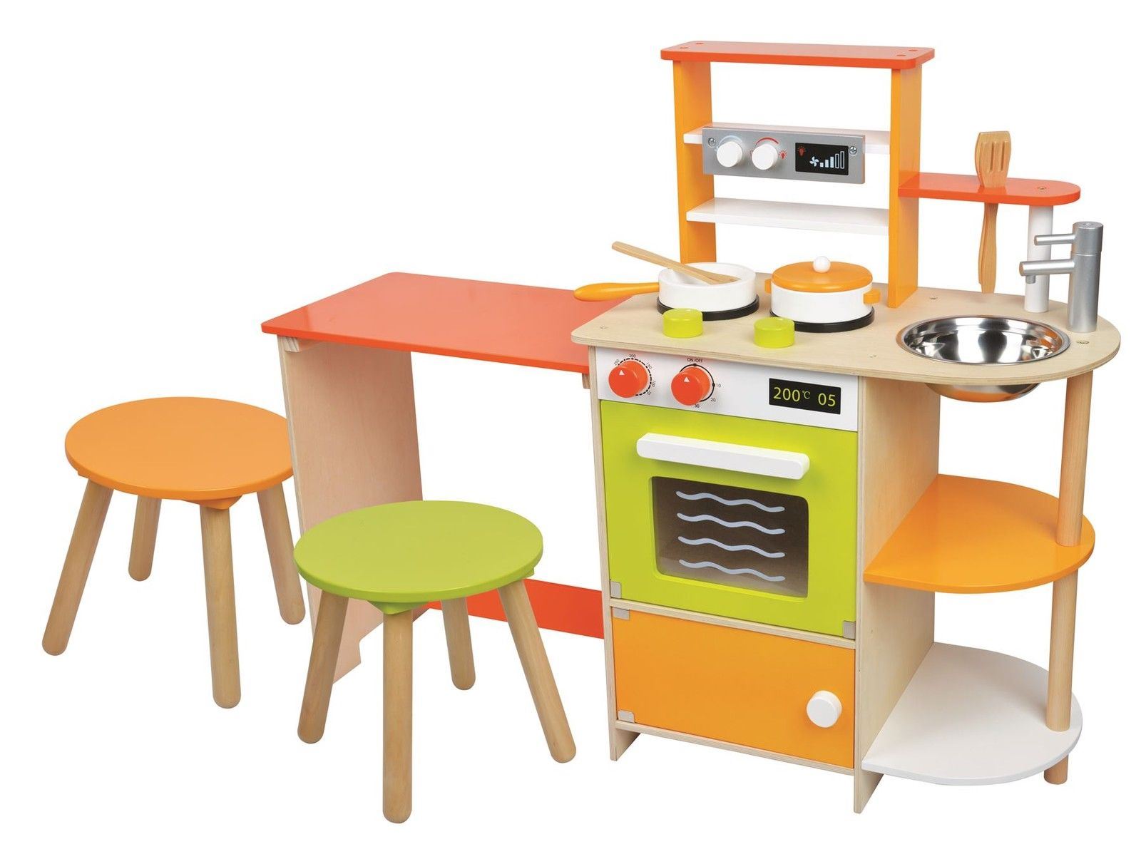 Lelin Country Style Wooden Cottage Play Kitchen with Sink, Oven, Hob, Cupboard, Shelves, Table and 2 Stools