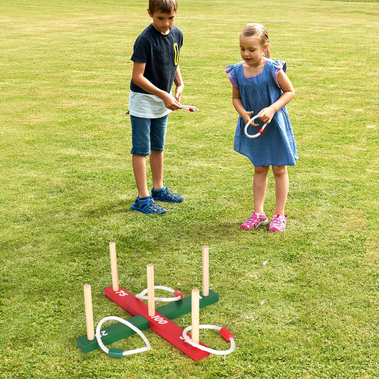Vinsani Wooden Garden Quoits Game for Kids and Adults, Portable Outdoor Family Game, 36 x 36 x 13 cm