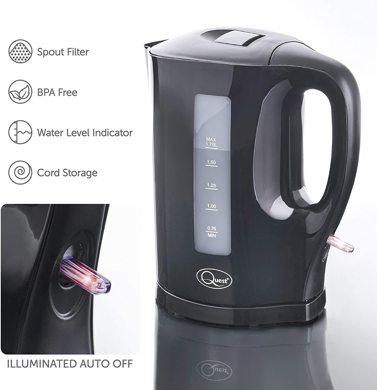 Daewoo 1.7L Black Cordless Jug Kettle with Cord Storage