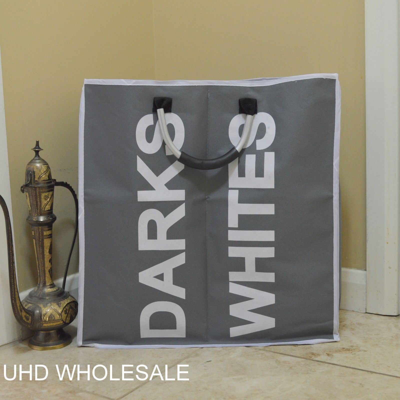 Double Laundry Bag with Metal Handles, Dark Grey, Polyester