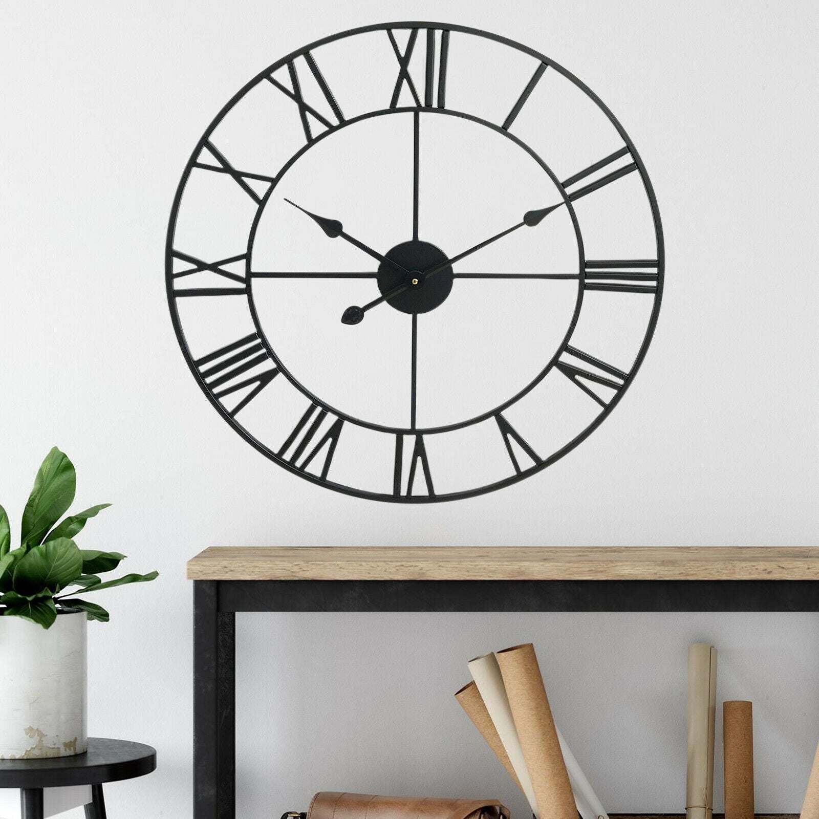 40cm Vintage Open Back Metal Roman Numeral Wall Clock Black