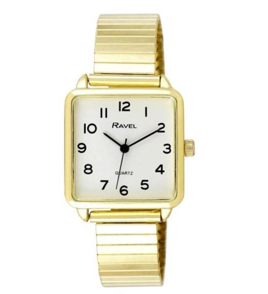 Ravel Women's Classic Square White Dial Gold Expander Watch