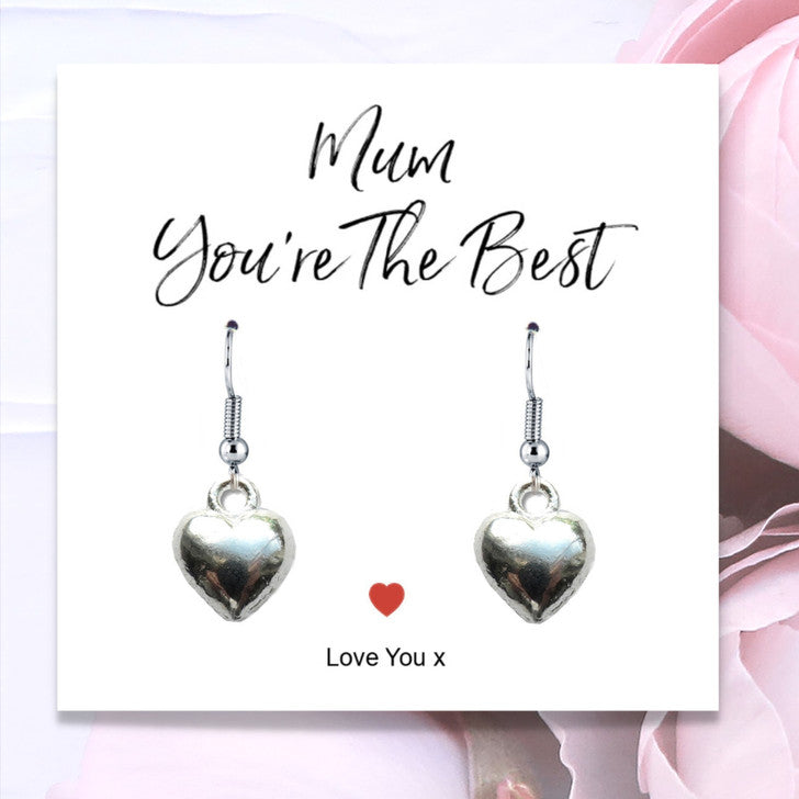 Mum You’re The Best Silver Plated Heart Earrings on Message Card