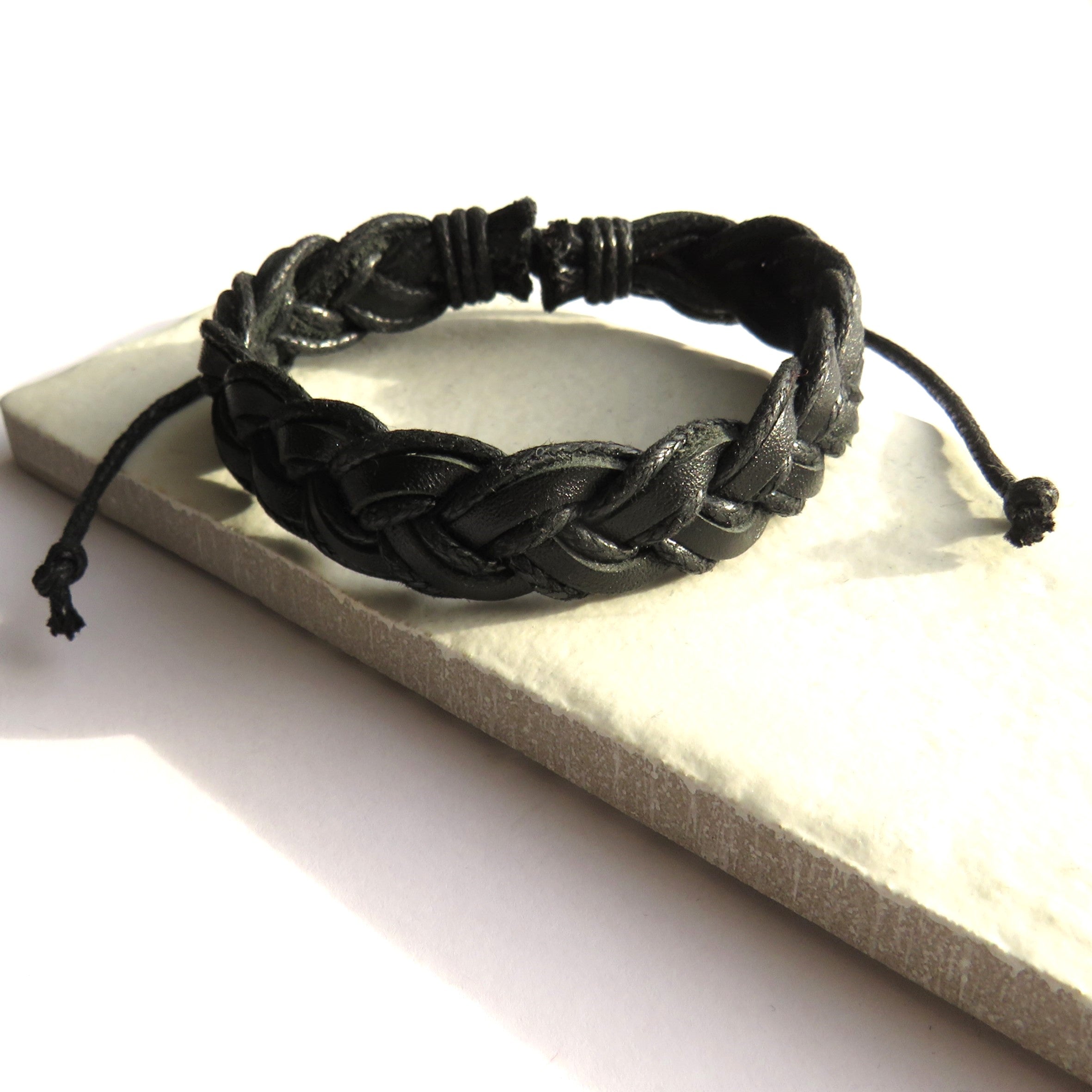 Men's Black Multi-Strand Pleated Leather Cord Bracelet