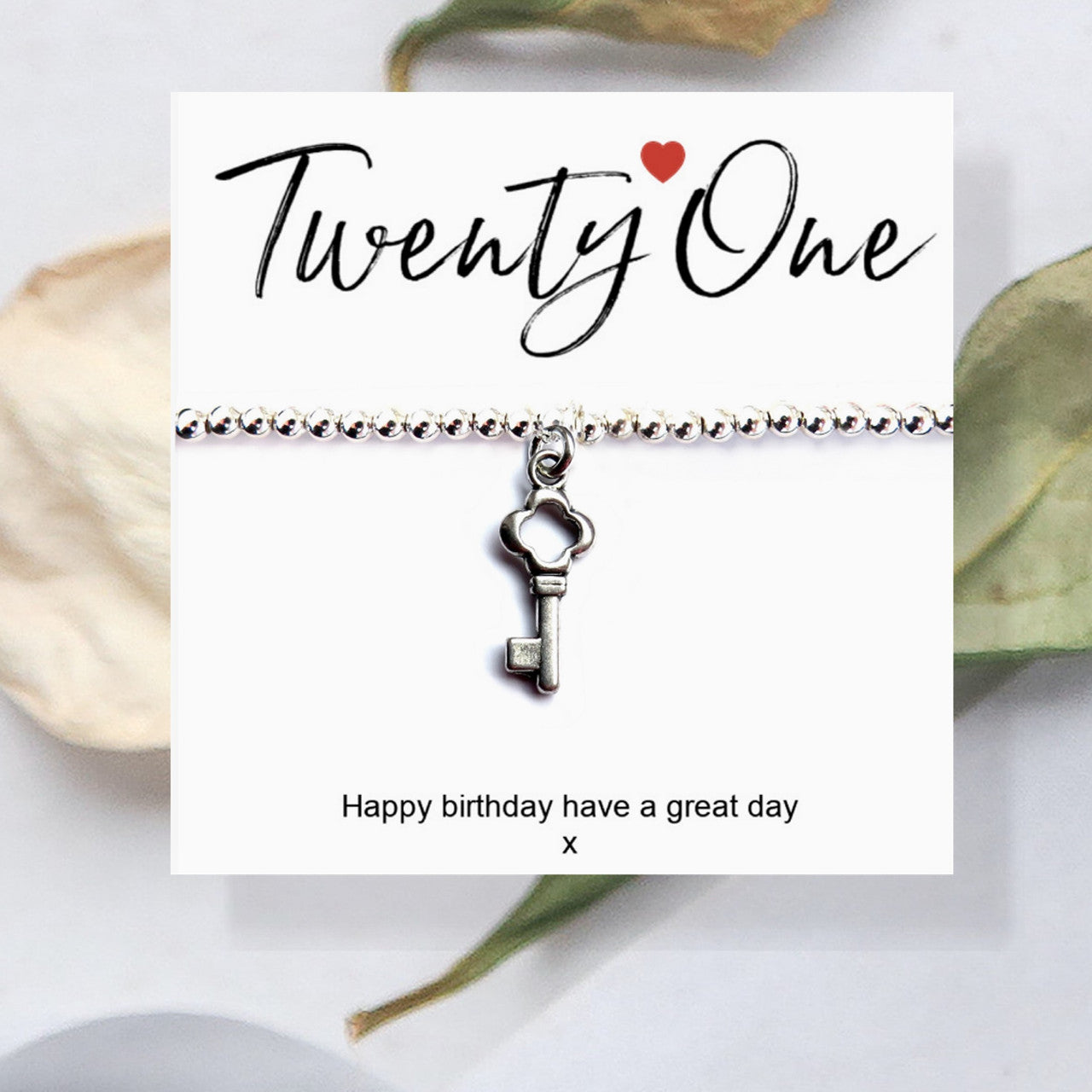 21st Birthday Silver Plated Stretch Beaded Bracelet with Key Charm and Message Card