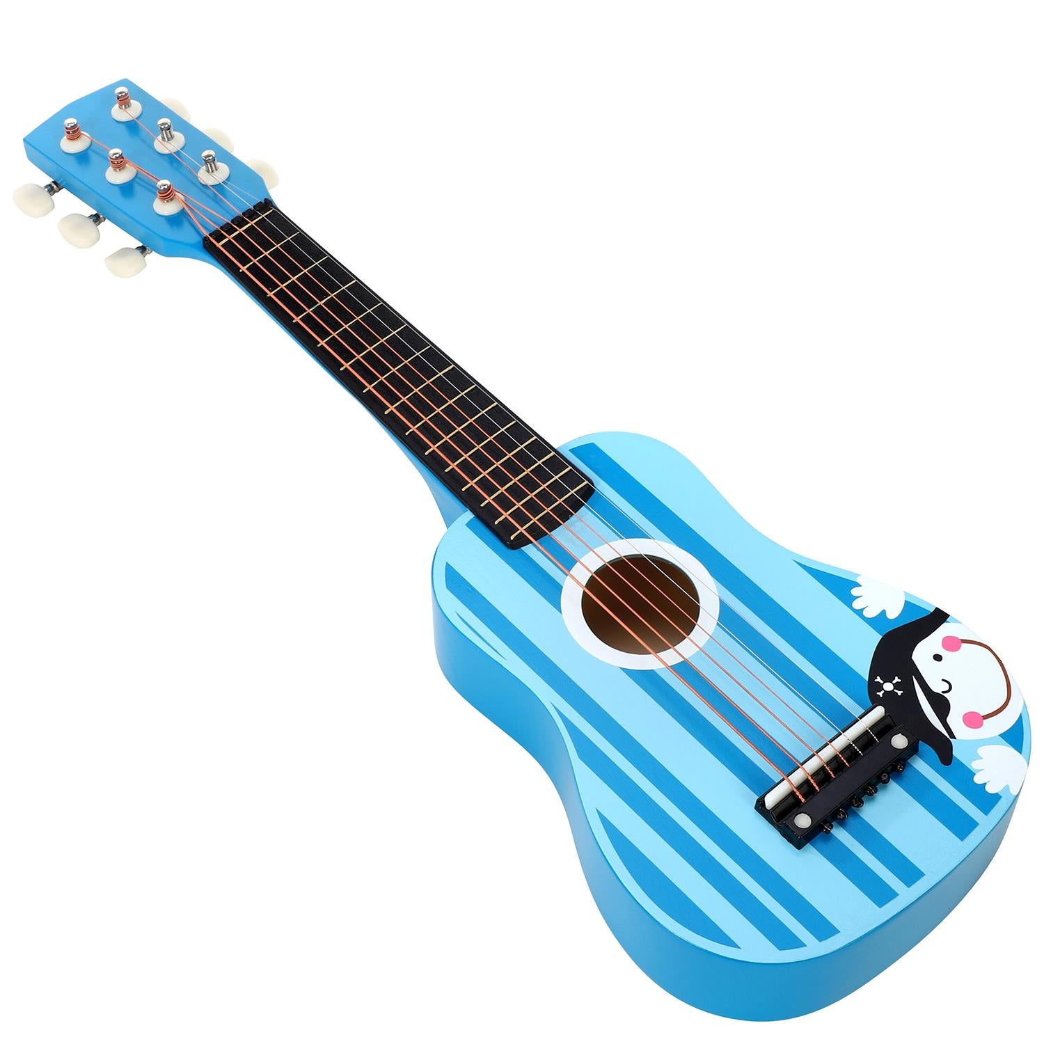 SOKA Wooden Children’s 6-String Guitar with Multi-Coloured Stripes, Blue Pirate Design