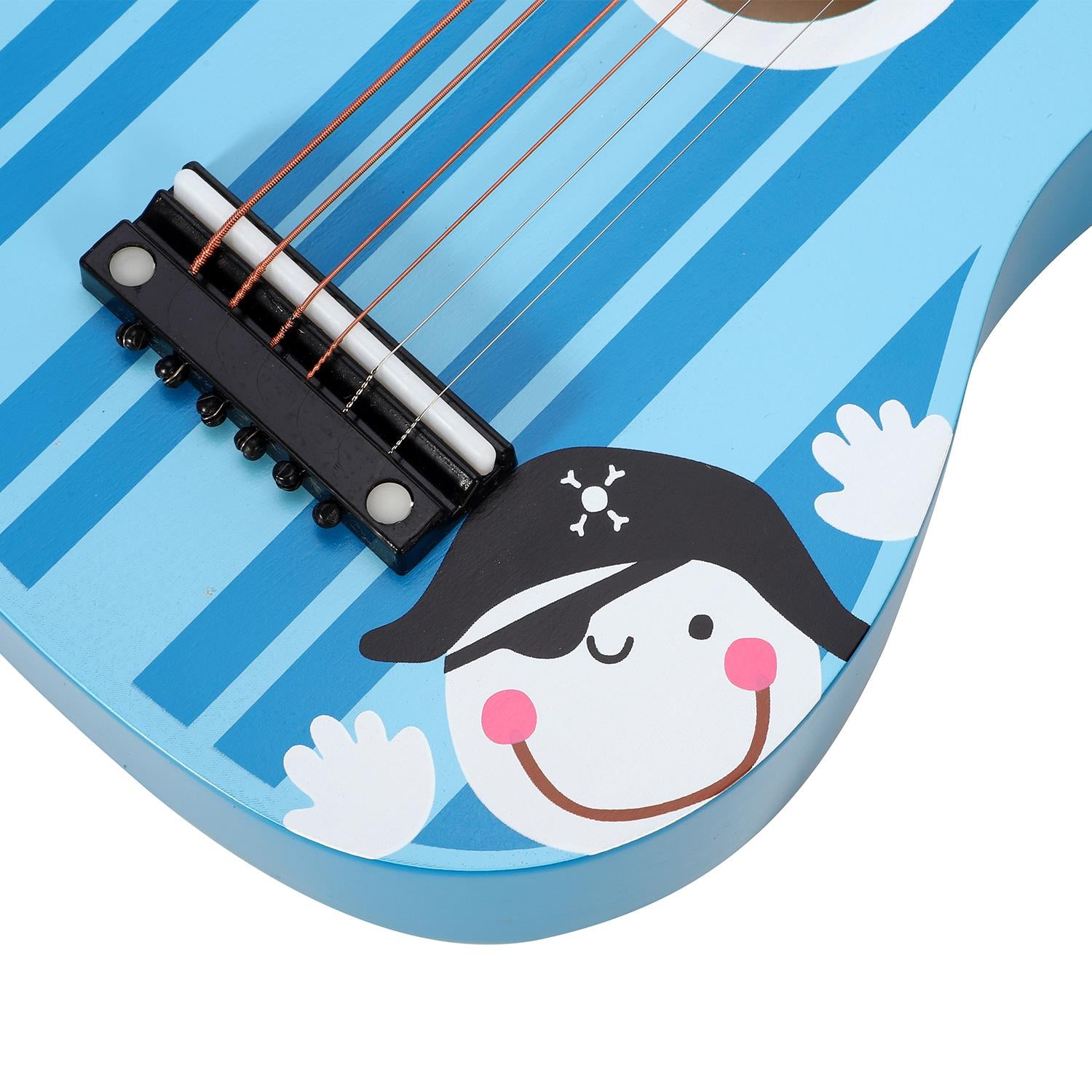 SOKA Wooden Children’s 6-String Guitar with Multi-Coloured Stripes, Blue Pirate Design