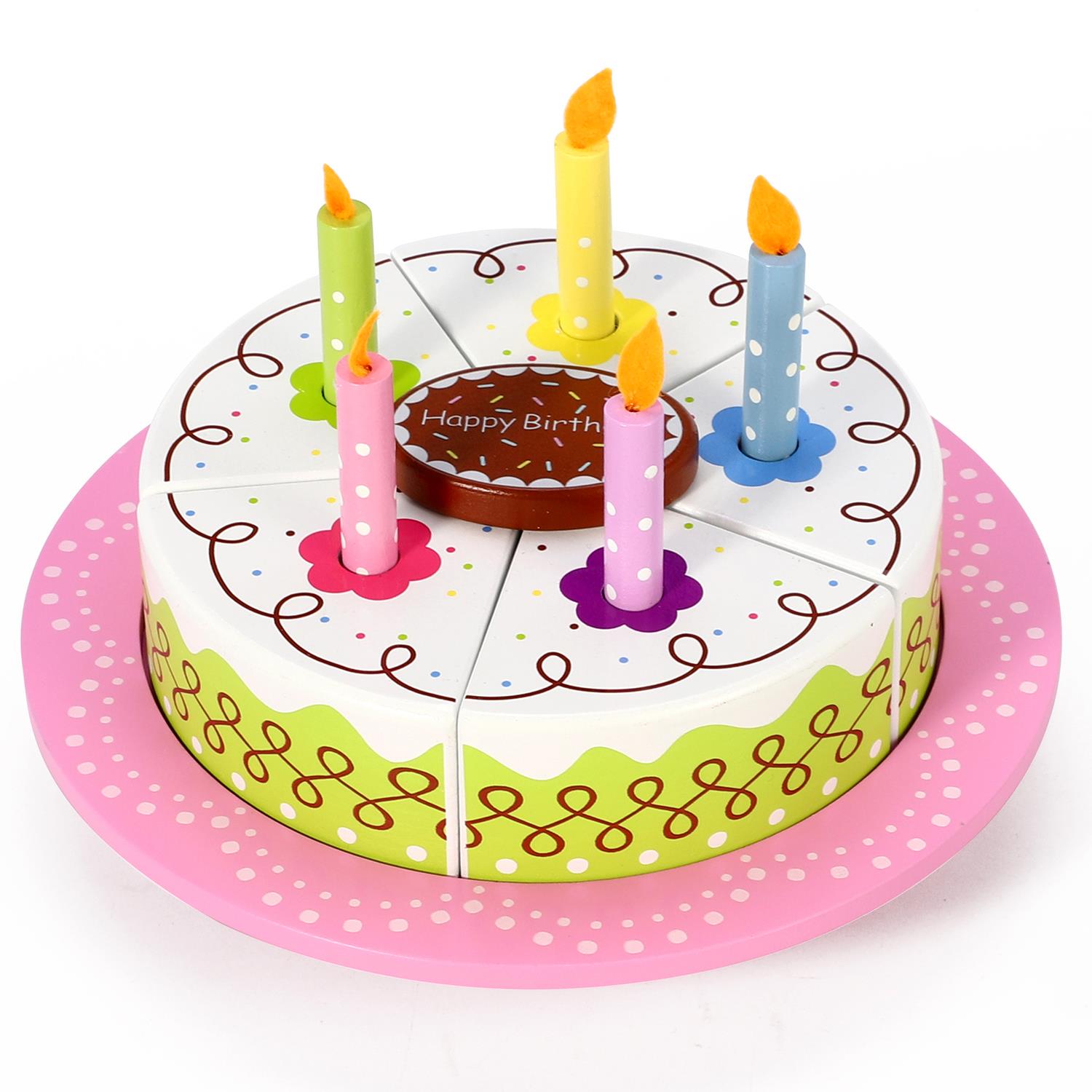 SOKA Wooden Birthday Cream Cake Pretend Play Toy Food Set for Kids with 5 Slices, 5 Removable Candles, Cake Slicer and Plate
