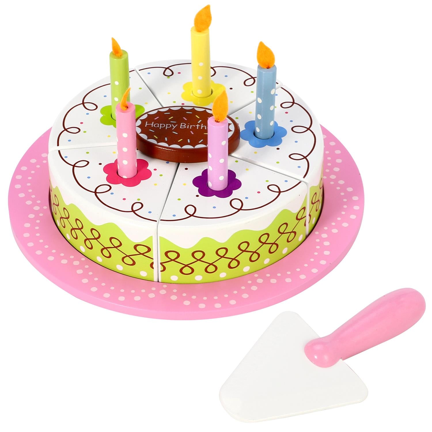 SOKA Wooden Birthday Cream Cake Pretend Play Toy Food Set for Kids with 5 Slices, 5 Removable Candles, Cake Slicer and Plate