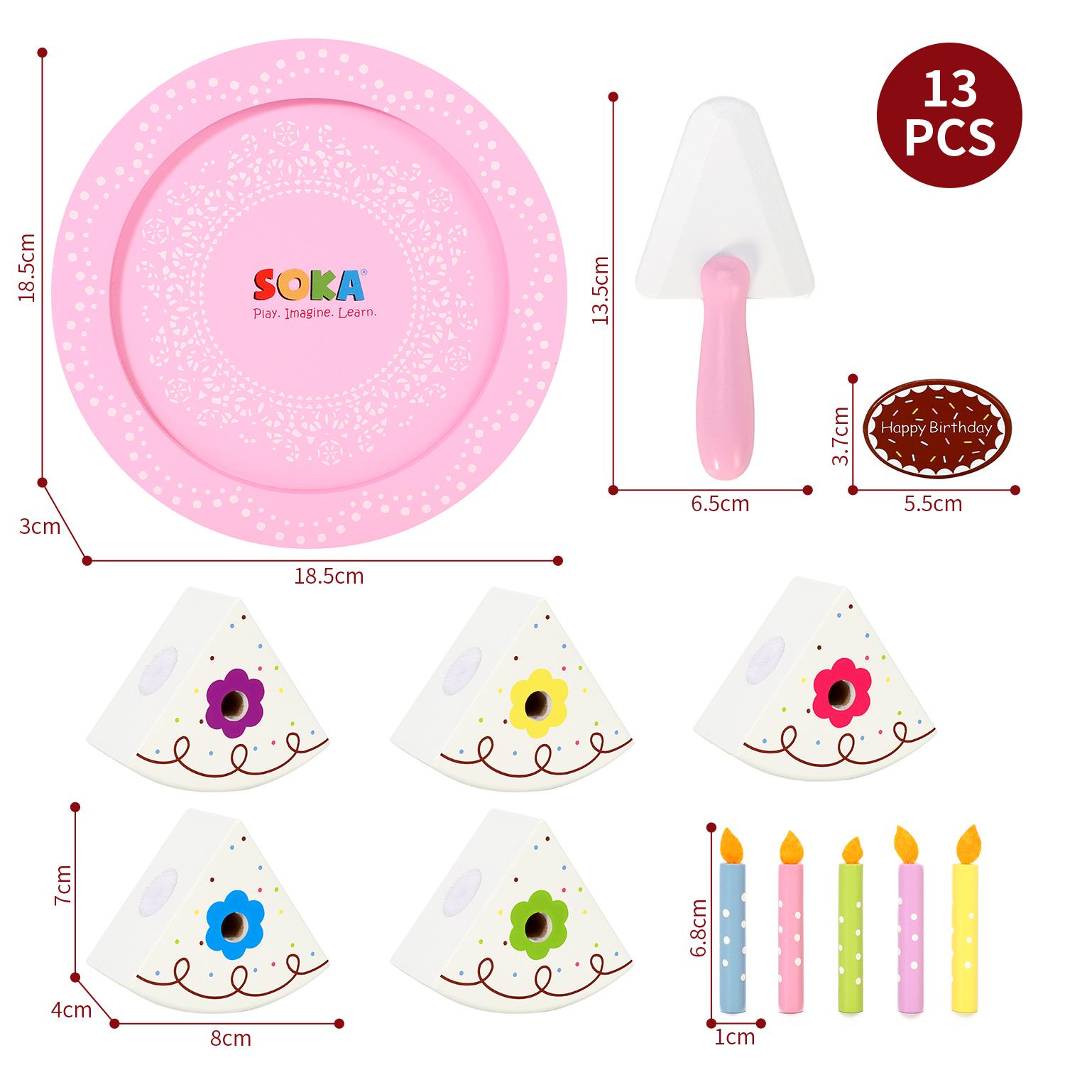 SOKA Wooden Birthday Cream Cake Pretend Play Toy Food Set for Kids with 5 Slices, 5 Removable Candles, Cake Slicer and Plate