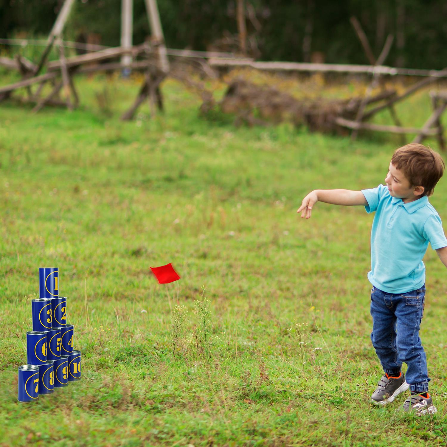 SOKA Tin Can Alley Game with Beanbags, Indoor and Outdoor Carnival Toss Game for Kids and Family, Ages 5+
