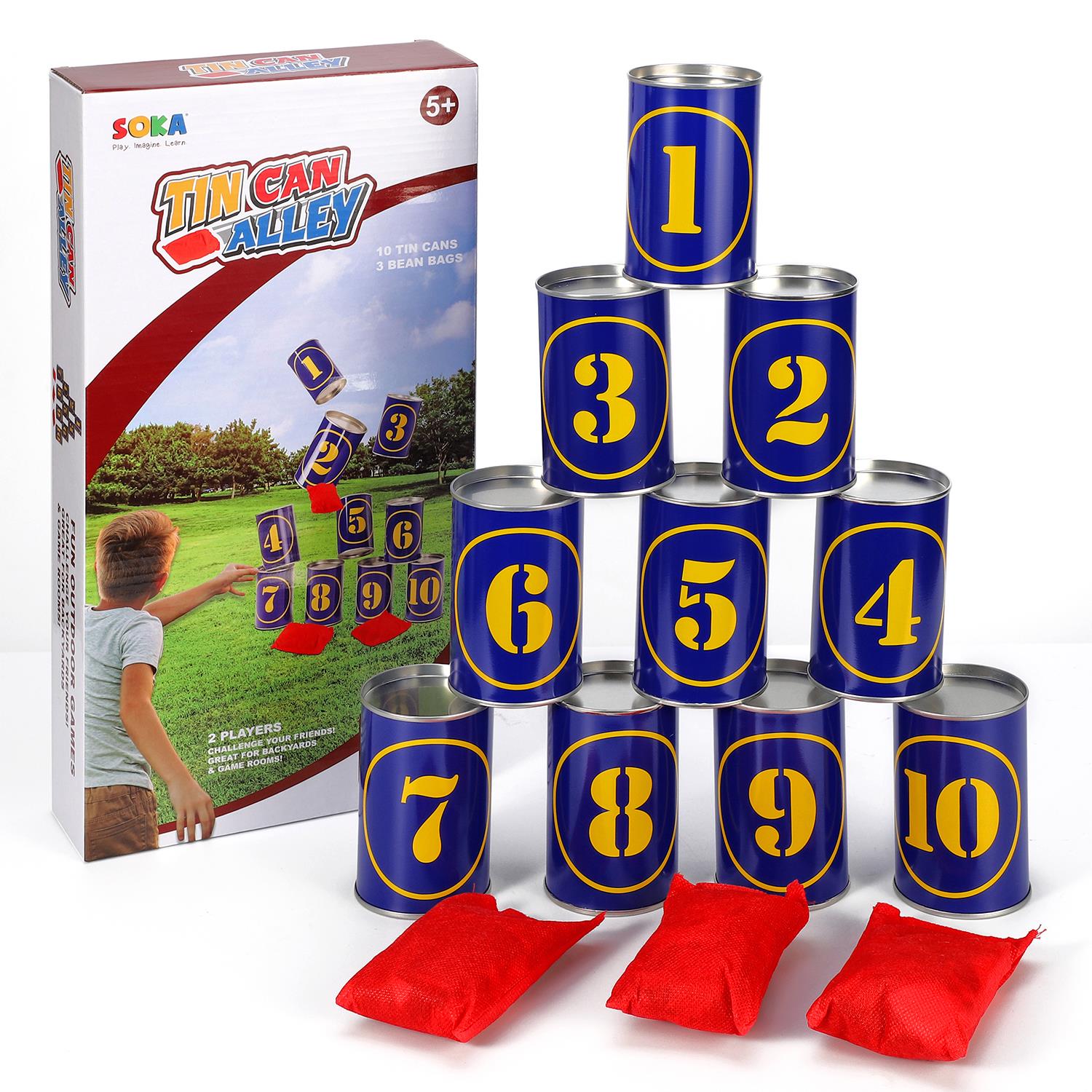 SOKA Tin Can Alley Game with Beanbags, Indoor and Outdoor Carnival Toss Game for Kids and Family, Ages 5+