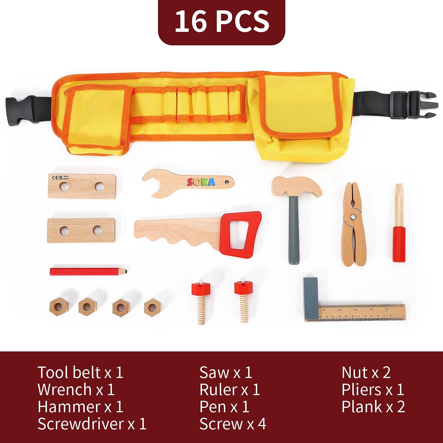 SOKA My Tool Belt Wooden Pretend Play Tool Set with Adjustable Belt and Accessories