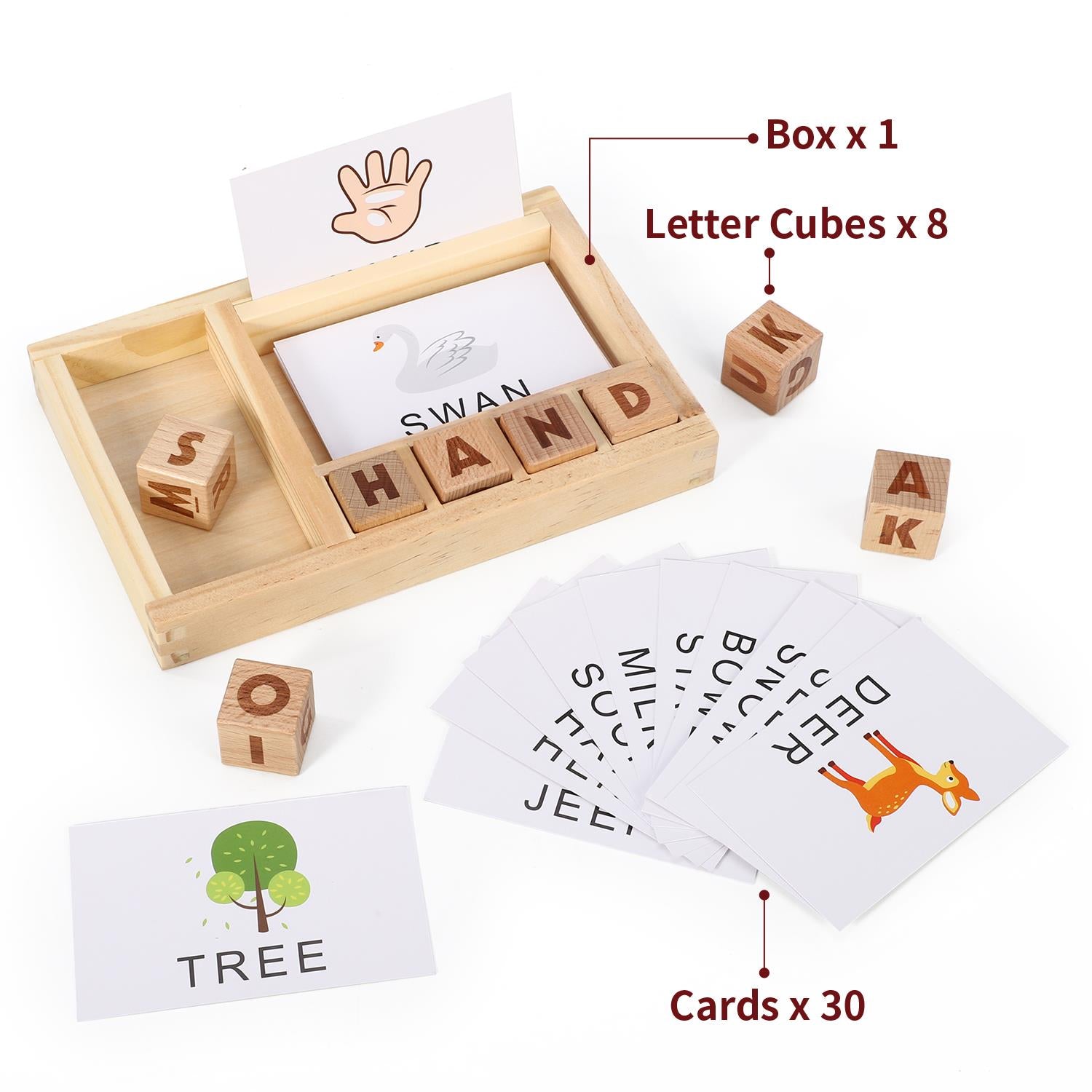 SOKA Wooden Spelling Game with Tray, 8 Alphabet Cubes and 30 Double-Sided Picture Cards