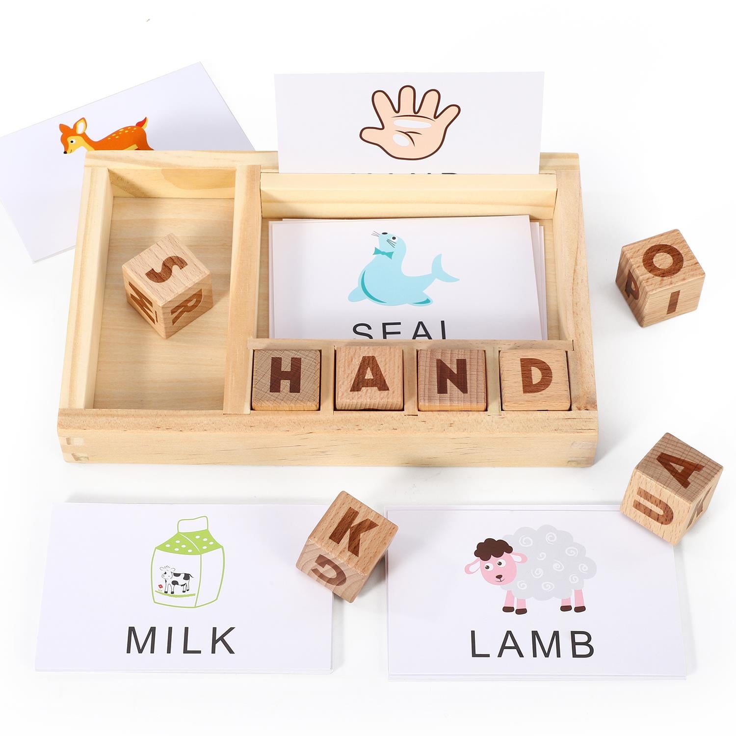 SOKA Wooden Spelling Game with Tray, 8 Alphabet Cubes and 30 Double-Sided Picture Cards