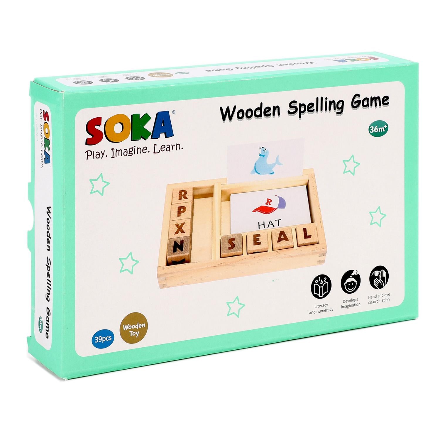SOKA Wooden Spelling Game with Tray, 8 Alphabet Cubes and 30 Double-Sided Picture Cards