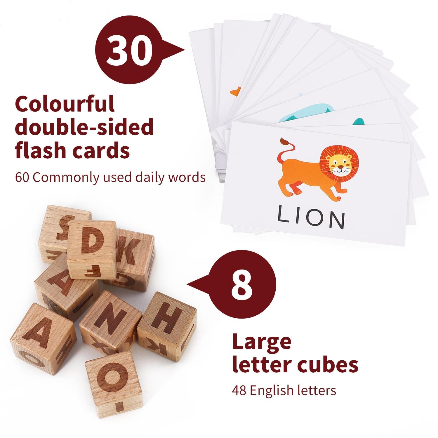 SOKA Wooden Spelling Game with Tray, 8 Alphabet Cubes and 30 Double-Sided Picture Cards