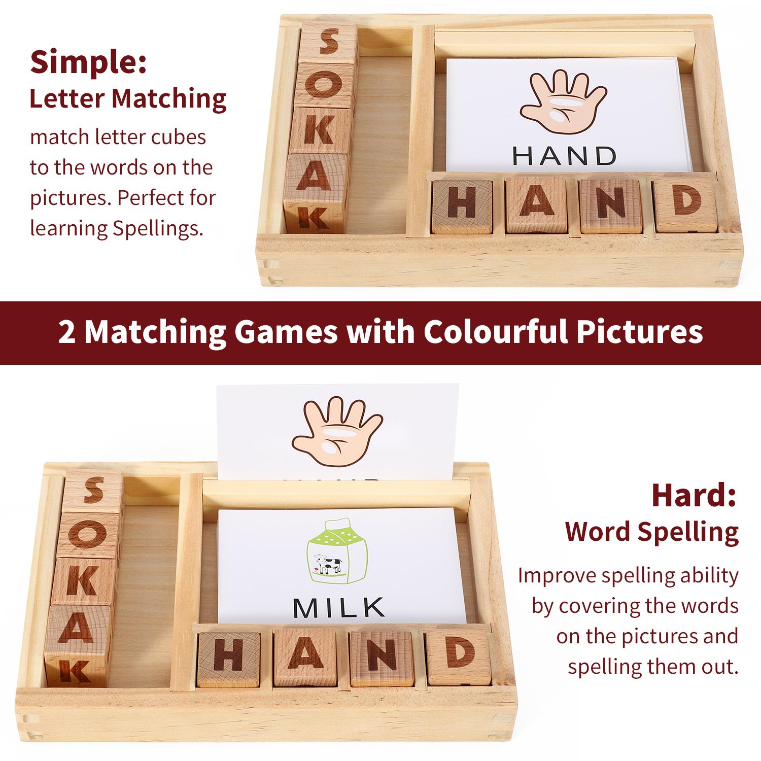 SOKA Wooden Spelling Game with Tray, 8 Alphabet Cubes and 30 Double-Sided Picture Cards