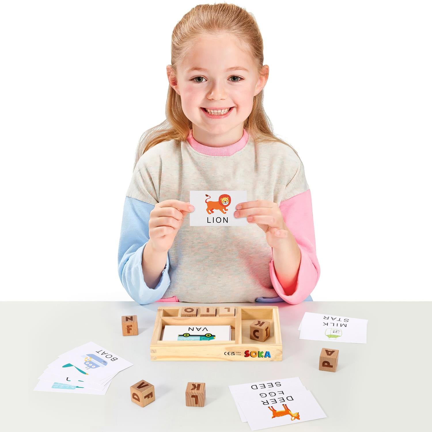 SOKA Wooden Spelling Game with Tray, 8 Alphabet Cubes and 30 Double-Sided Picture Cards