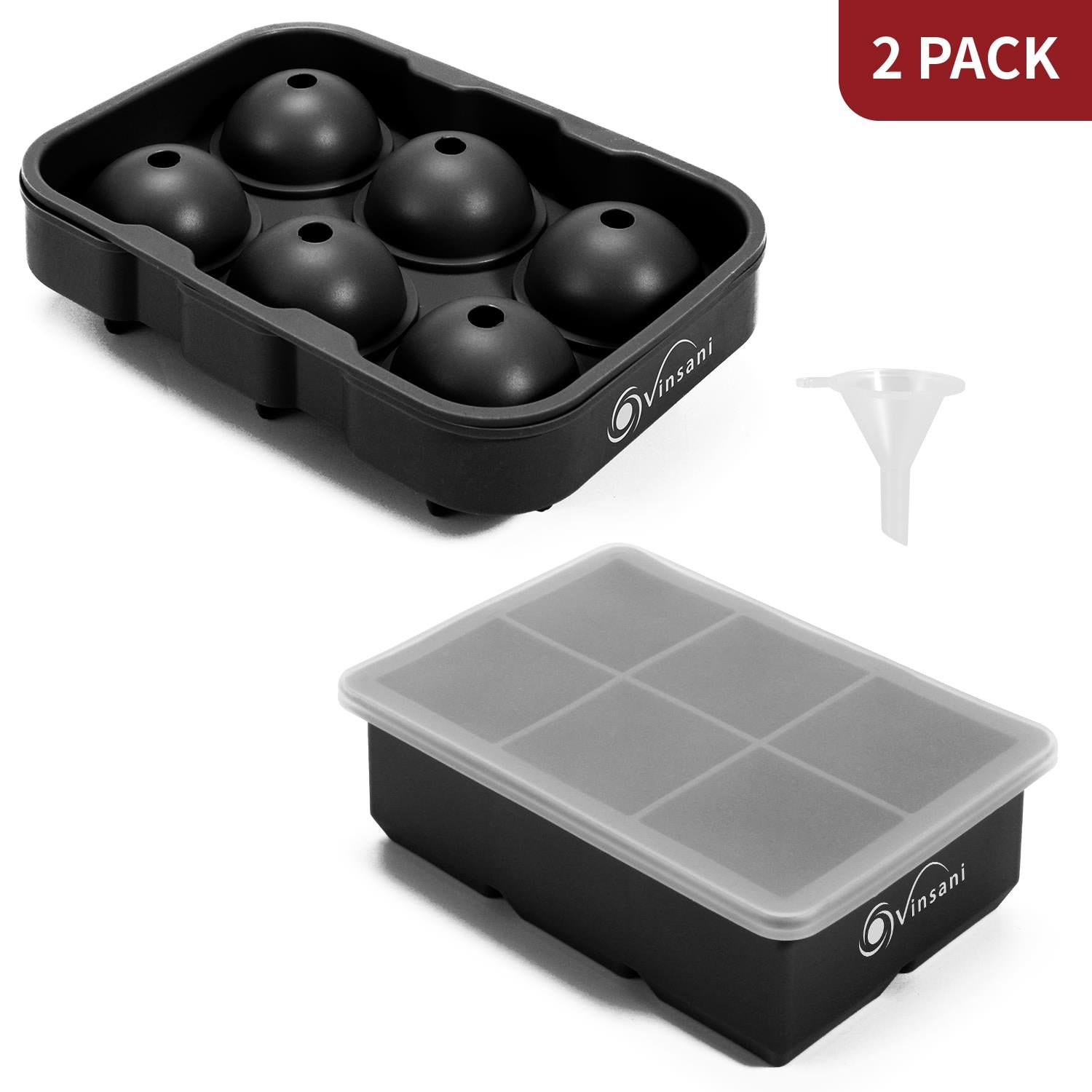 Vinsani 2 Pack Silicone Ice Cube Tray Set with Removable Lids and Funnel