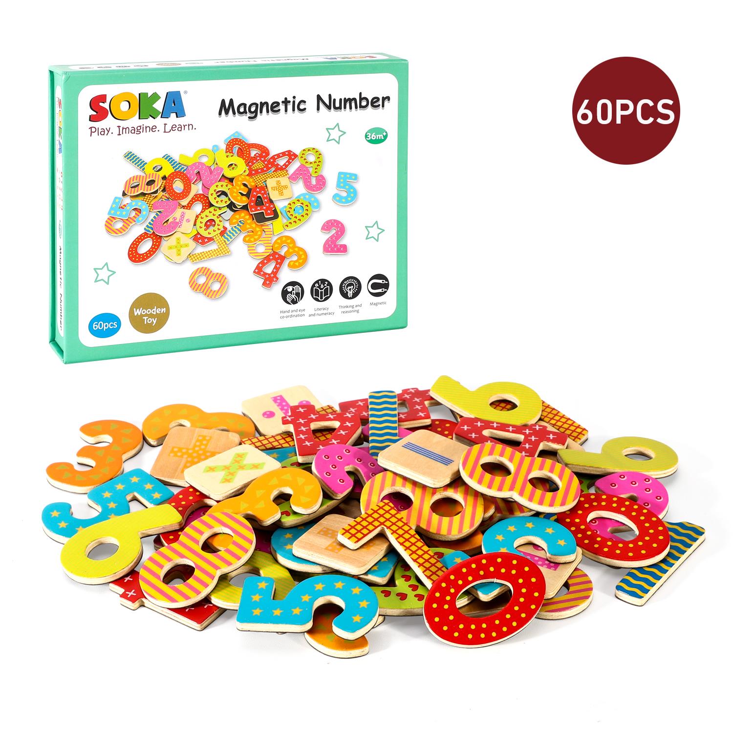 SOKA Play Imagine Learn Wooden Magnetic Numbers and Equations Set, 60 Pieces, Hand-Painted Educational Magnetic Toy for Fridges and Whiteboards