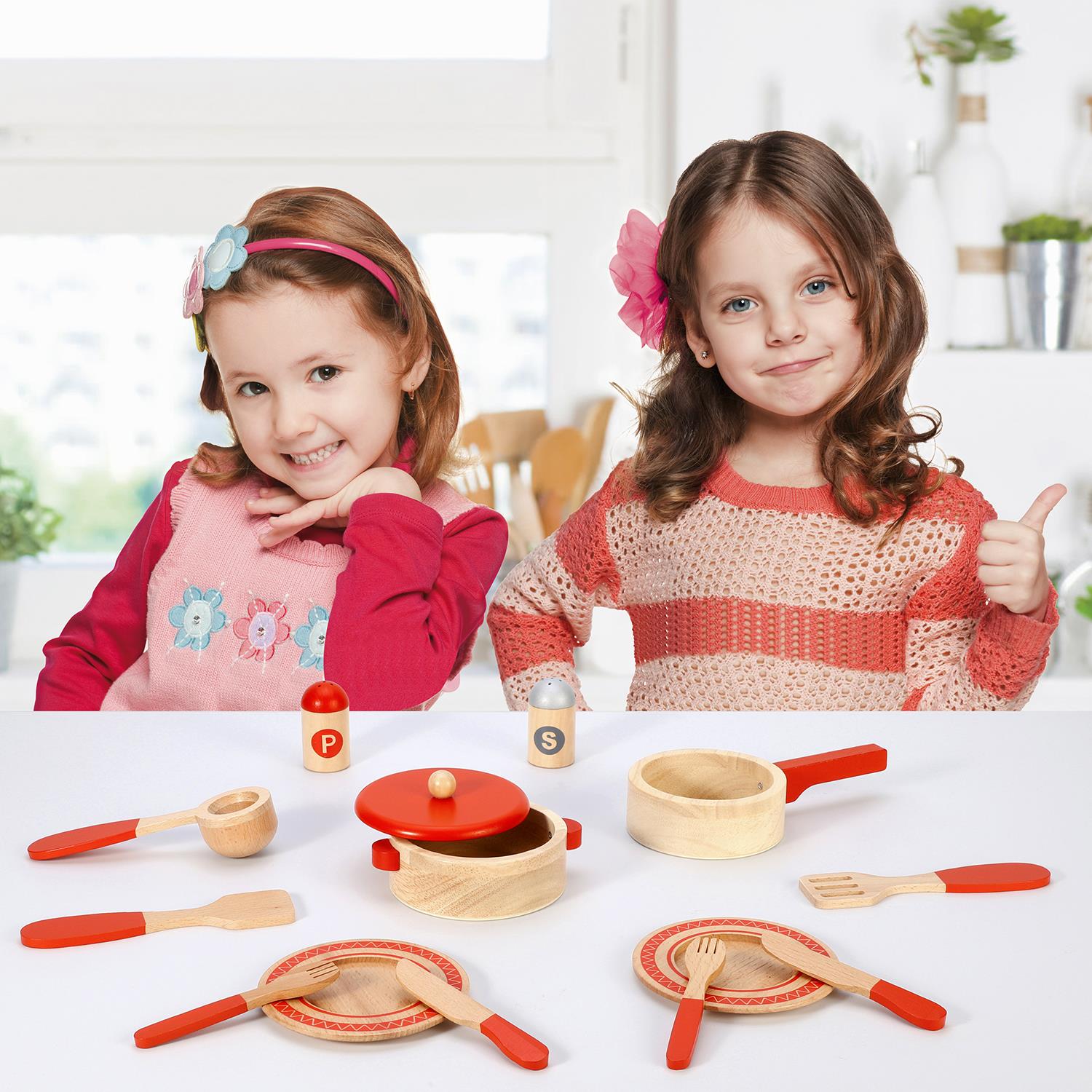SOKA Play Imagine Learn Wooden Cooking Set for Kids with Saucepan, Frying Pan, Utensils, Plates, Salt and Pepper