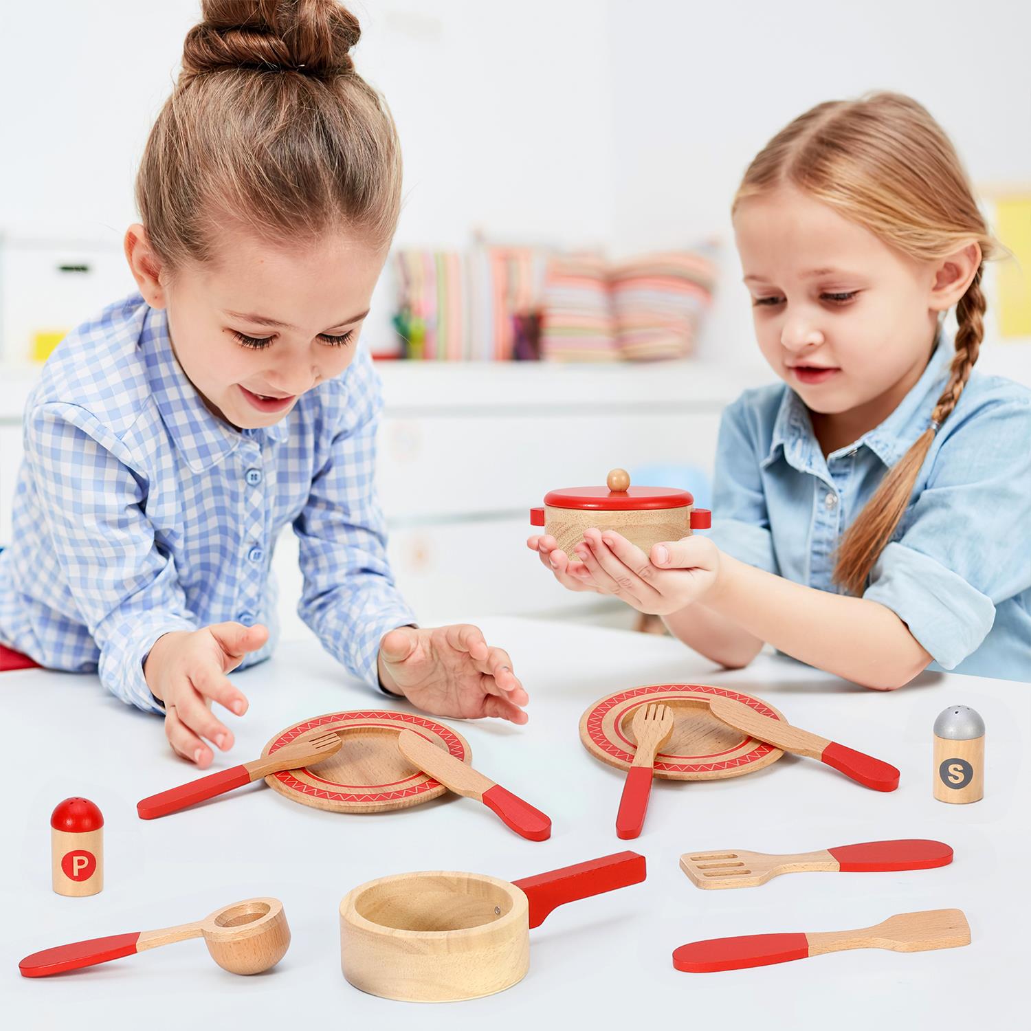 SOKA Play Imagine Learn Wooden Cooking Set for Kids with Saucepan, Frying Pan, Utensils, Plates, Salt and Pepper