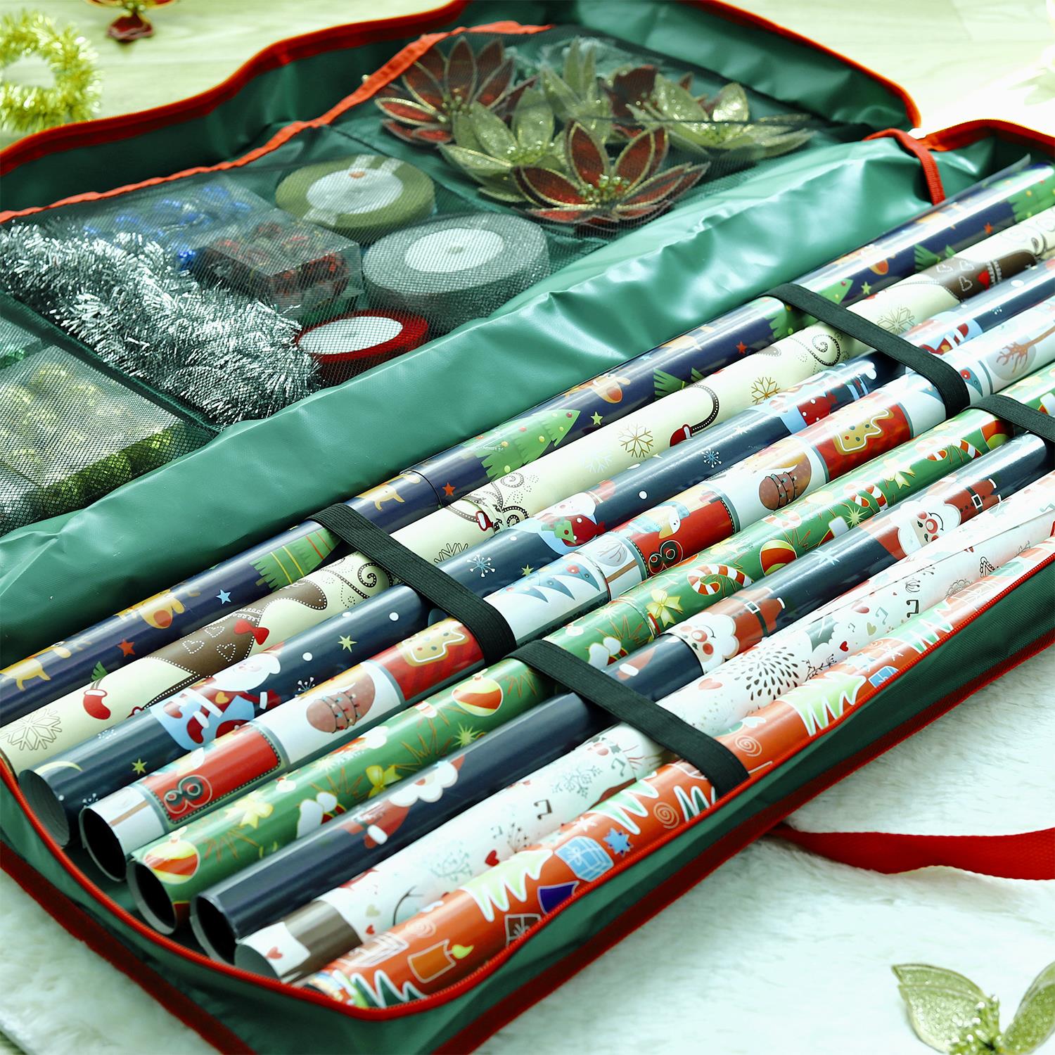 Vinsani Christmas Gift Wrap Fabric Storage Bag, Wrapping Paper Organizer with Adjustable Straps and Zip Closure
