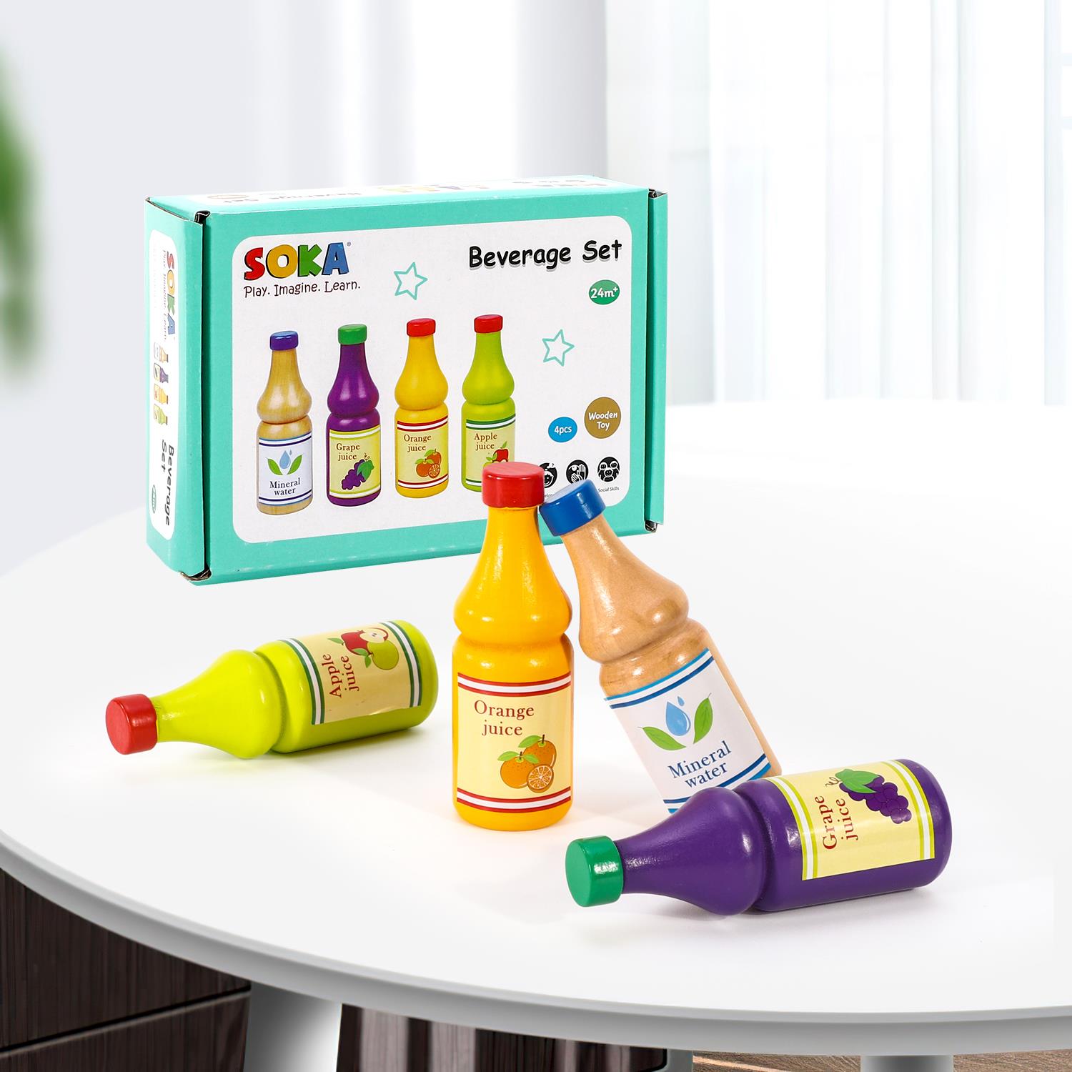 SOKA Wooden Beverage Play Set, 4-Piece Pretend Play Toy