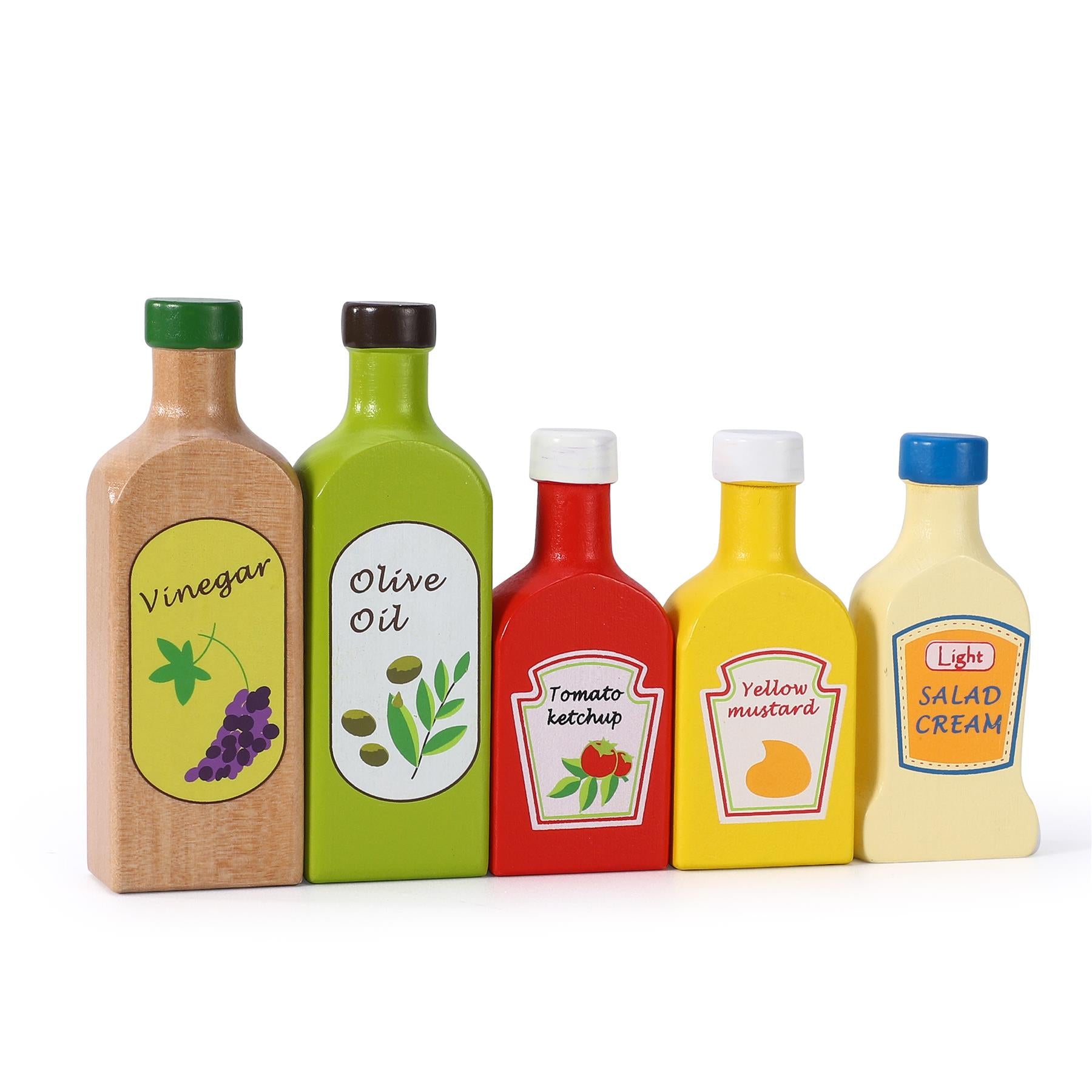 SOKA Wooden Sauces and Oils Set of 5, Play Food Bottles for Kids