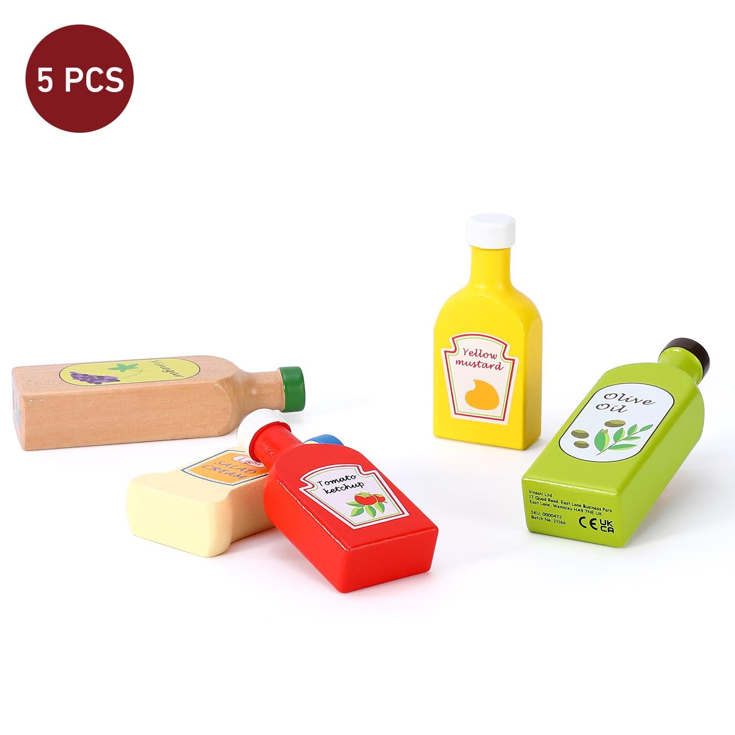 SOKA Wooden Sauces and Oils Set of 5, Play Food Bottles for Kids