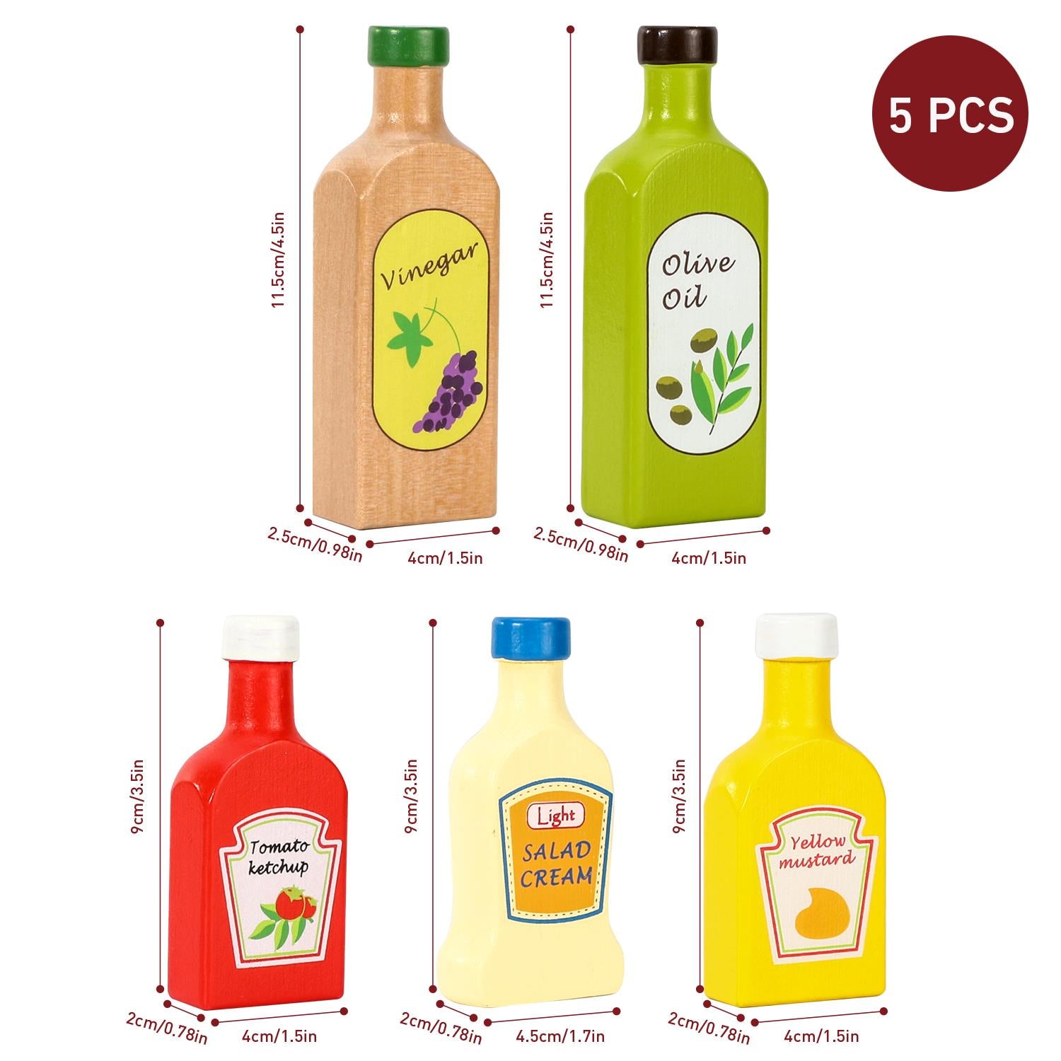 SOKA Wooden Sauces and Oils Set of 5, Play Food Bottles for Kids