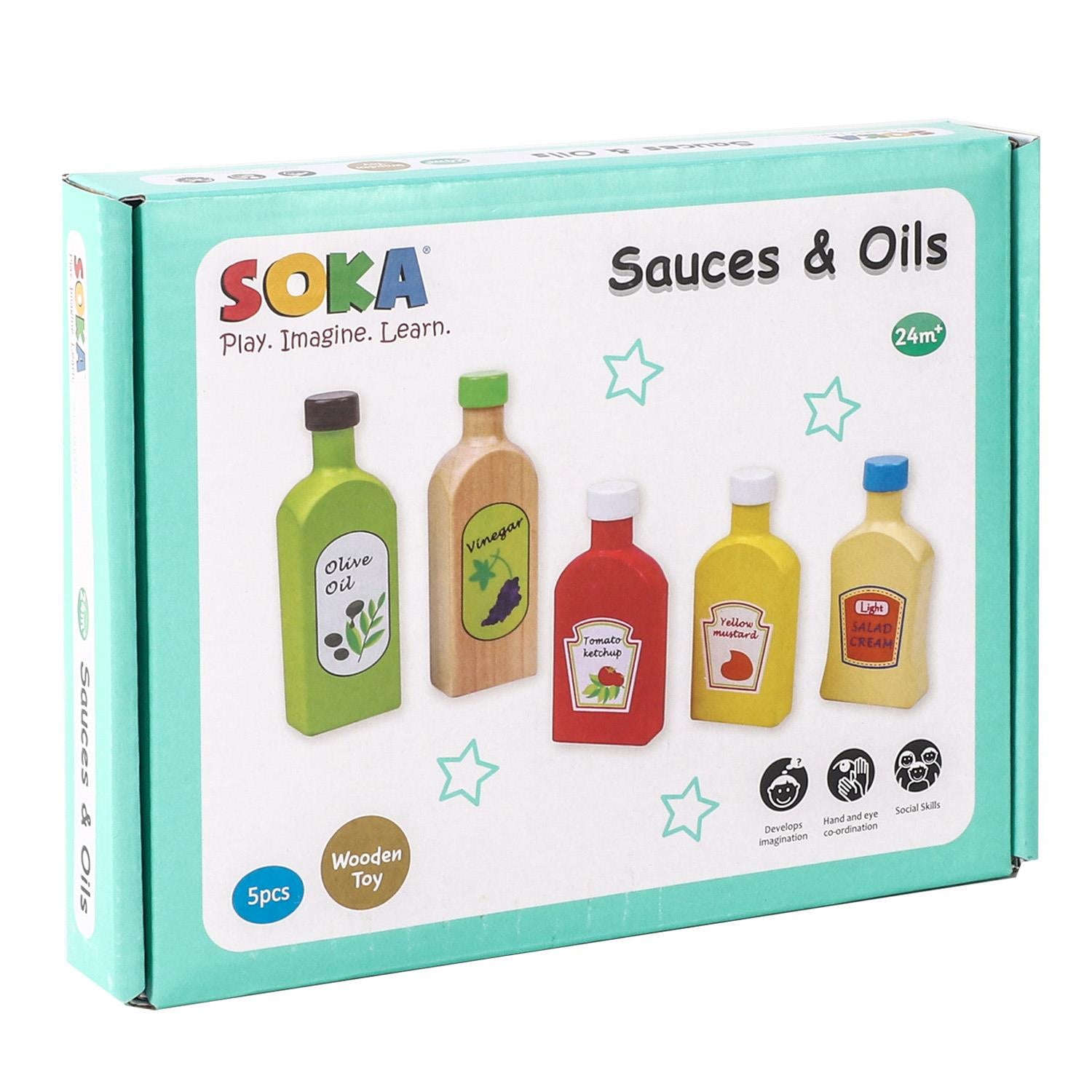 SOKA Wooden Sauces and Oils Set of 5, Play Food Bottles for Kids