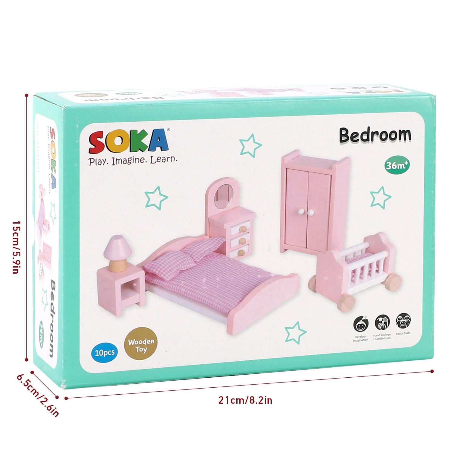 SOKA Play Imagine Learn 6-Piece Wooden Dollhouse Bedroom Furniture Set