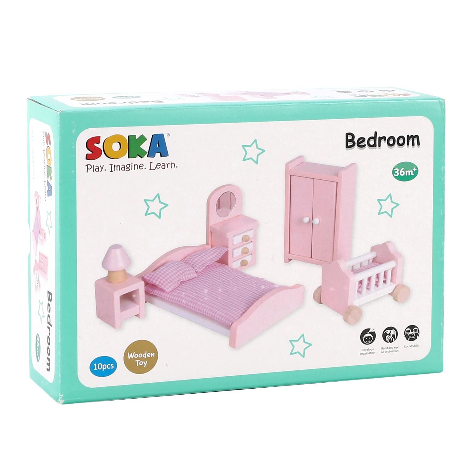 SOKA Play Imagine Learn 6-Piece Wooden Dollhouse Bedroom Furniture Set
