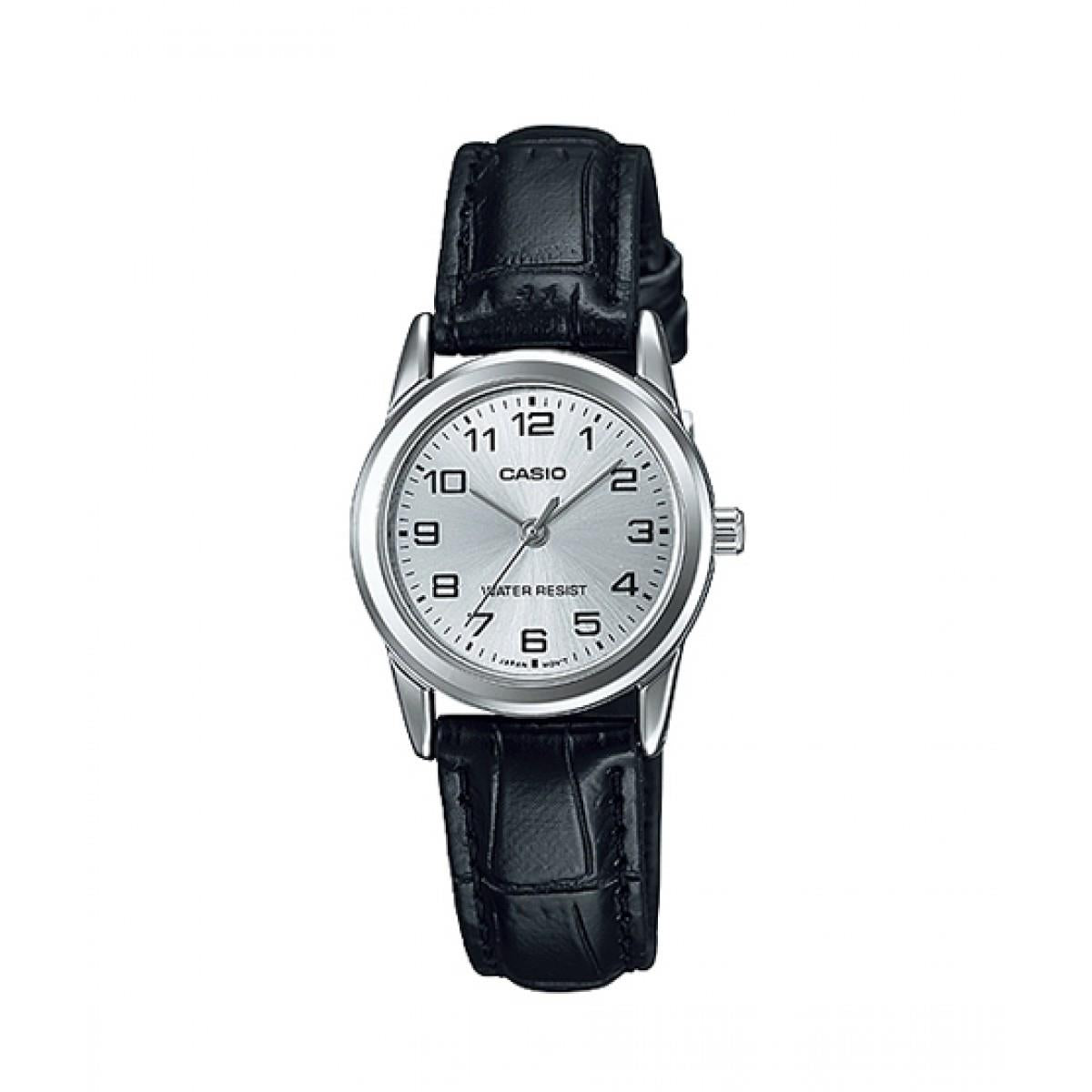 Casio Women's Silver Dial Black Leather Strap Watch