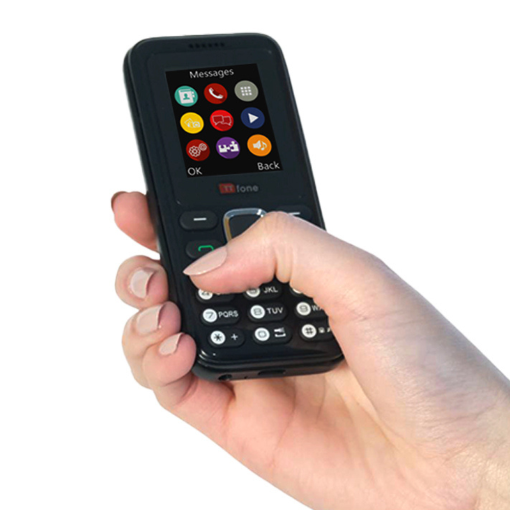TTfone TT150 Unlocked Basic Mobile Phone UK Sim Free, Long Battery Life, Dual Sim with camera and games, easy to use, durable and light weight pay as you go - Black O2 Pay as you go