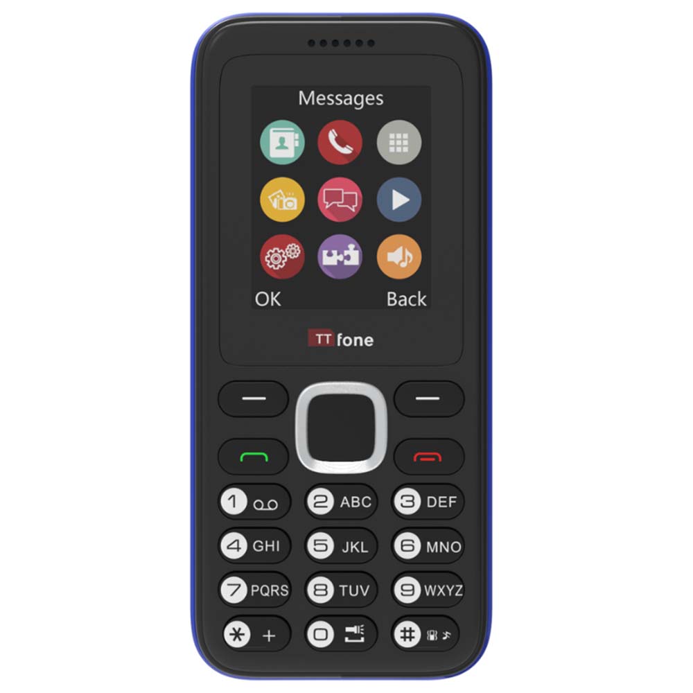 TTfone TT150 Unlocked Basic Mobile Phone UK Sim Free, Long Battery Life, Dual Sim with camera and games, easy to use, durable and light weight pay as you go - Blue with Mains Charger and Vodafone Sim Card