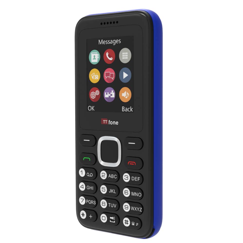 TTfone TT150 Unlocked Basic Mobile Phone UK Sim Free, Long Battery Life, Dual Sim with camera and games, easy to use, durable and light weight pay as you go - Blue with Mains Charger and Vodafone Sim Card