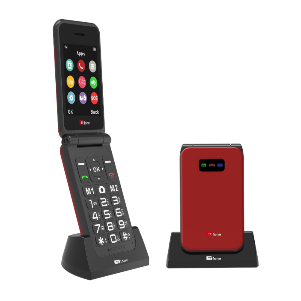 TTfone TT760 4G USB-C Mobile Phone for the Elderly, Simple and easy to use flip folding cell cheap and easy to use - Red with Dock Charger and EE Sim Card