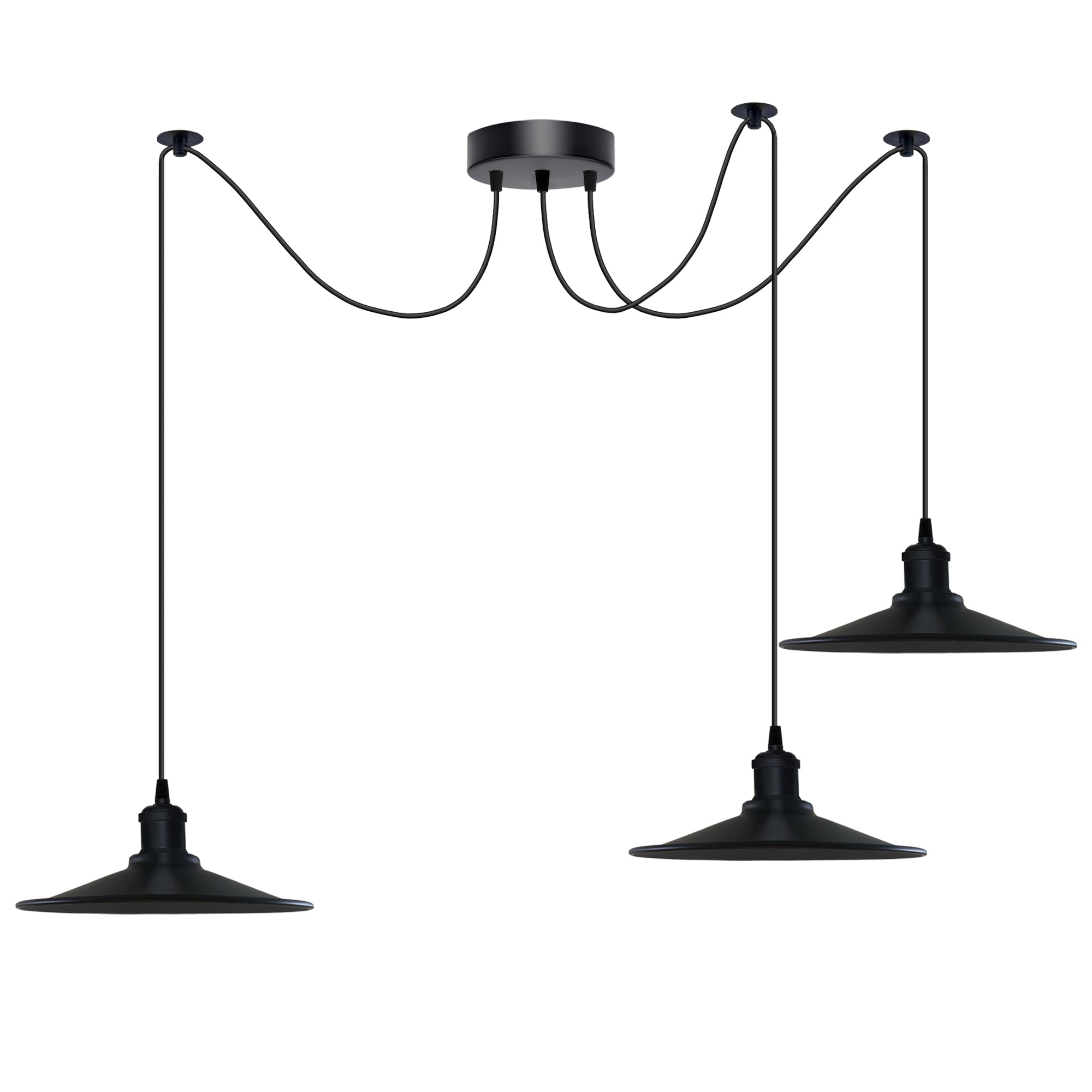 Black Vintage 3-Head Cone Shade Pendant Ceiling Light, Adjustable Cord