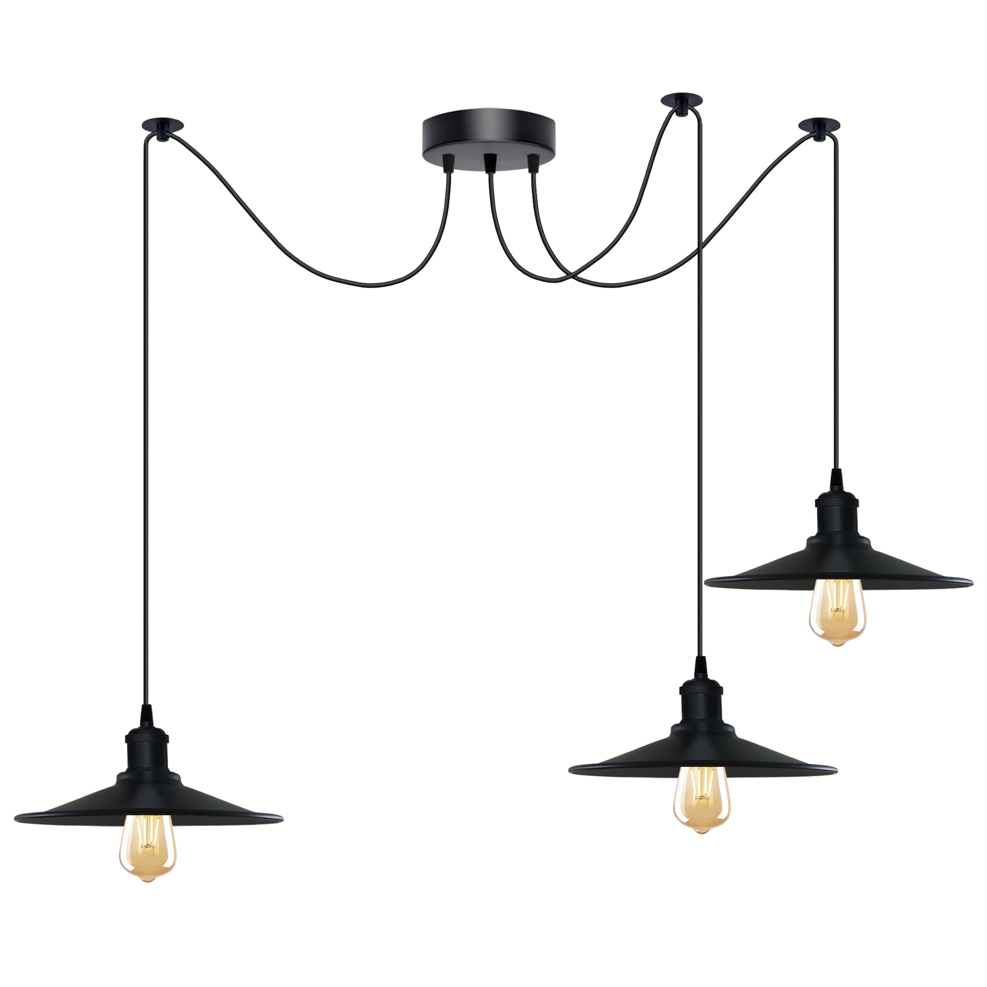Black Vintage 3-Head Cone Shade Pendant Light with Adjustable Cord