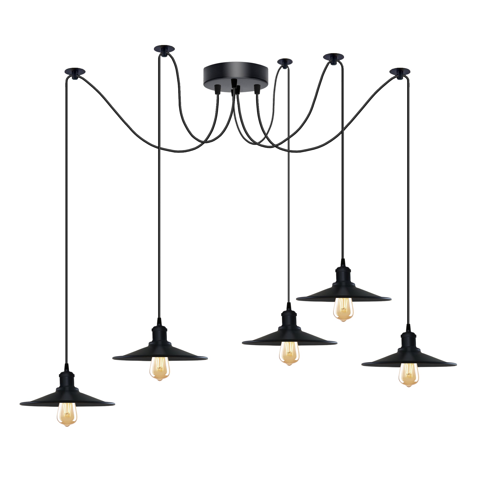 Black Vintage 5-Light Cone Shade Ceiling Pendant Light with Adjustable Cord