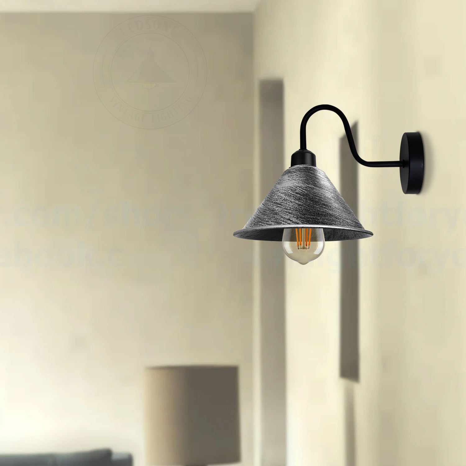 Vintage Brushed Silver Wall Sconce with Black Cone Shade, E27, Dimmable