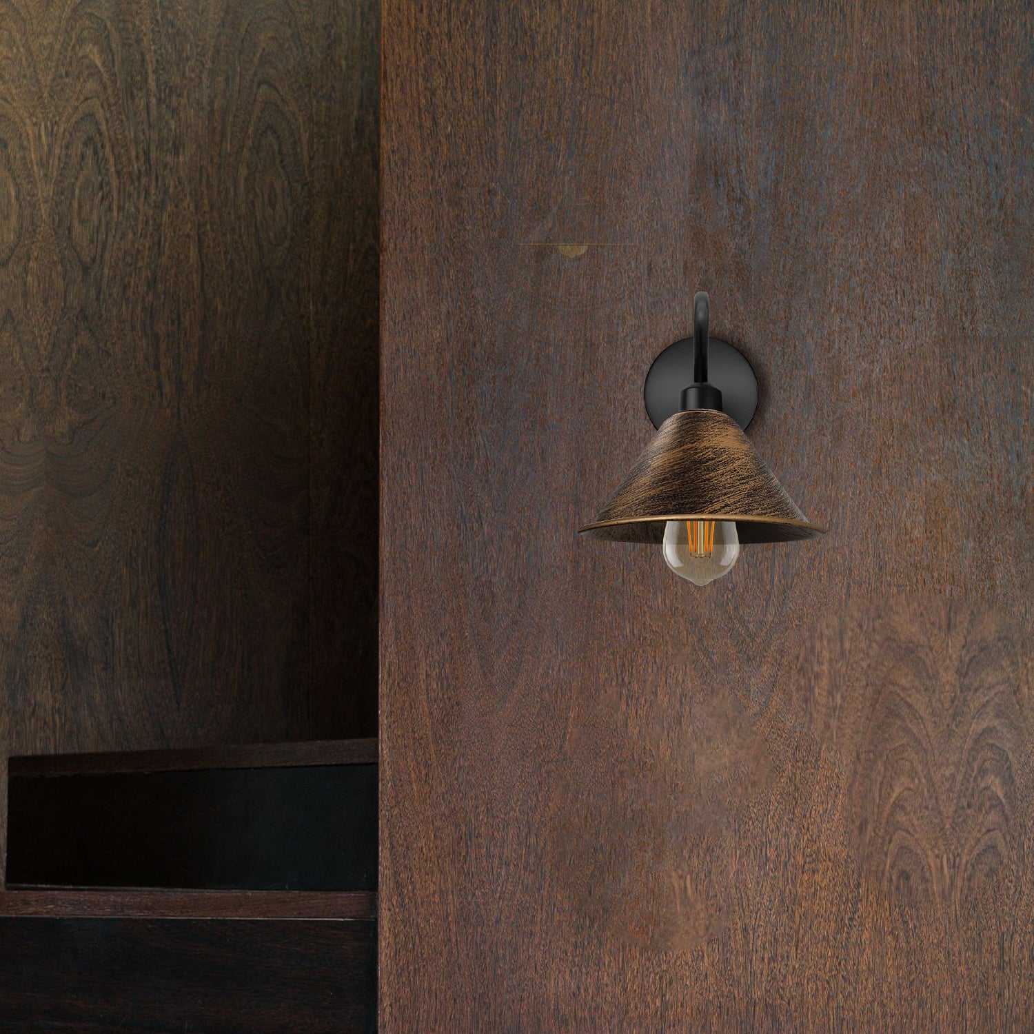 Vintage Brushed Copper Wall Sconce, Black Cone Shade, E27 Base