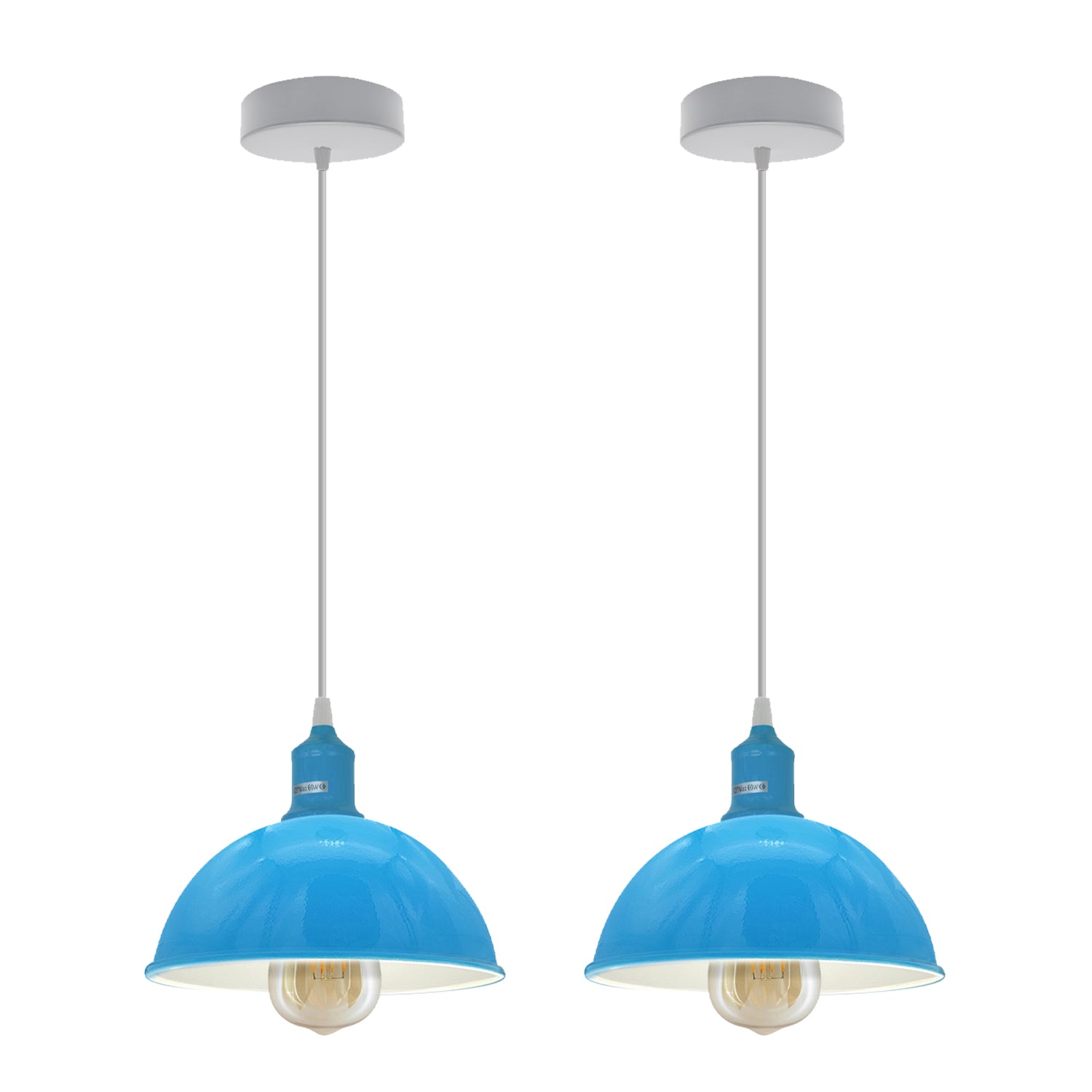 2 Pack Blue Dome Metal Pendant Lights, E27, Inner White