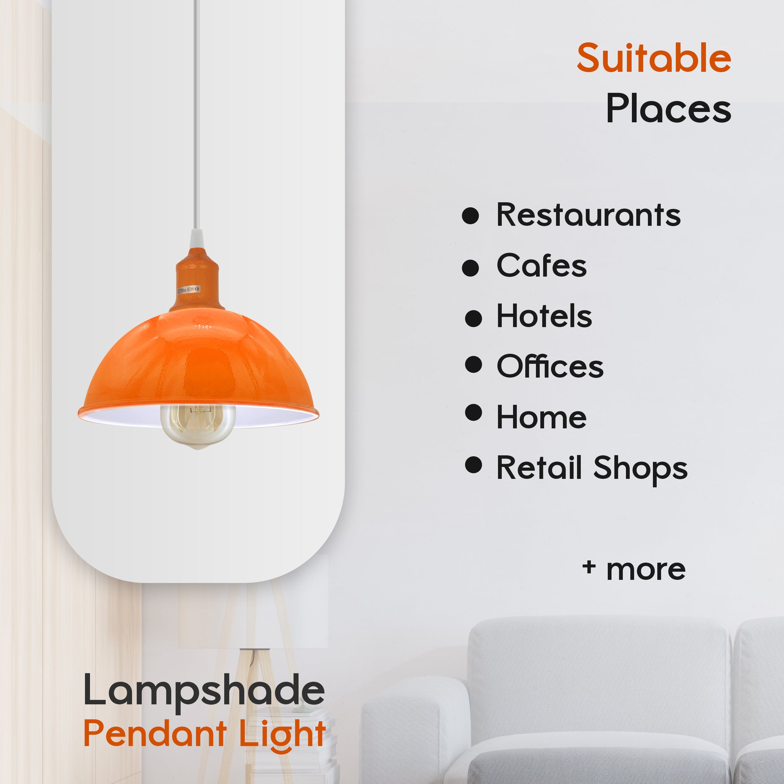 2 Pack Orange Dome Metal Pendant Lamp Shades, Inner White, 21cm