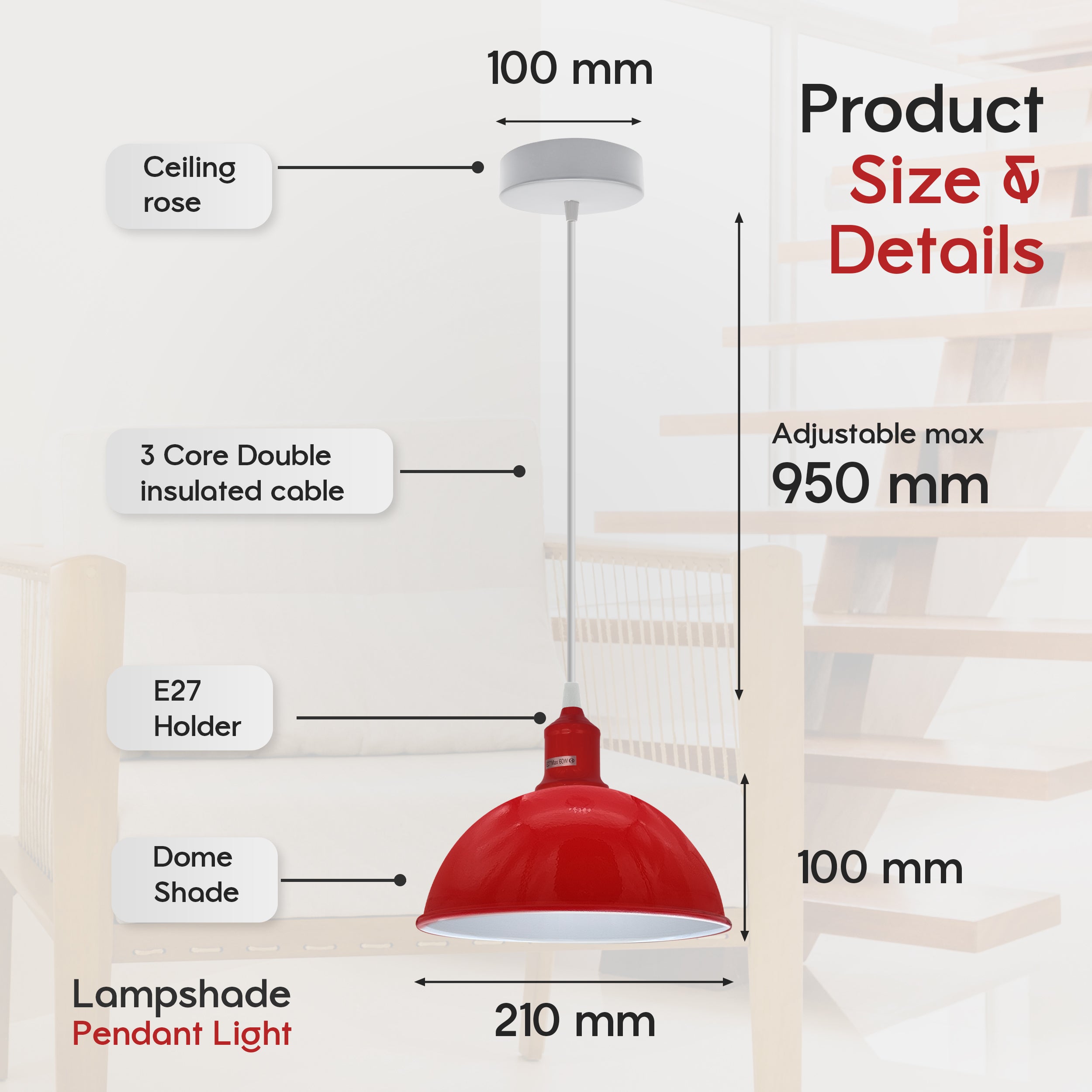 2 Pack Red Dome Metal Pendant Light Shades, Inner White