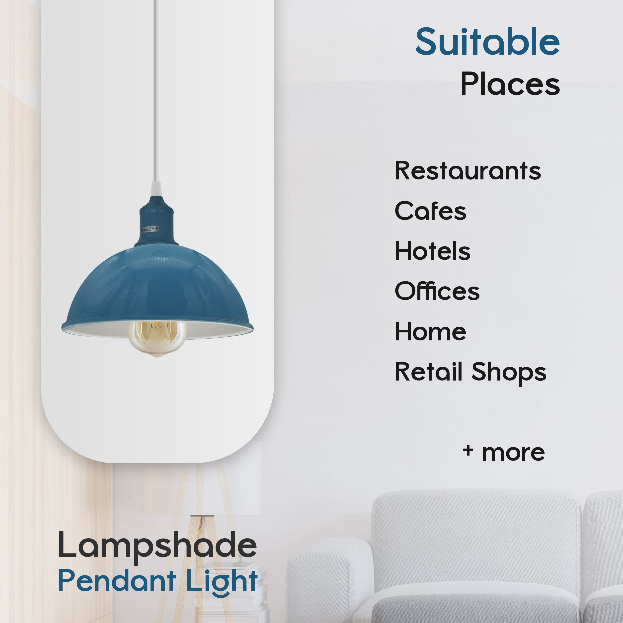 2 Pack Cyan Blue Dome Metal Pendant Lamp Shades, Inner White