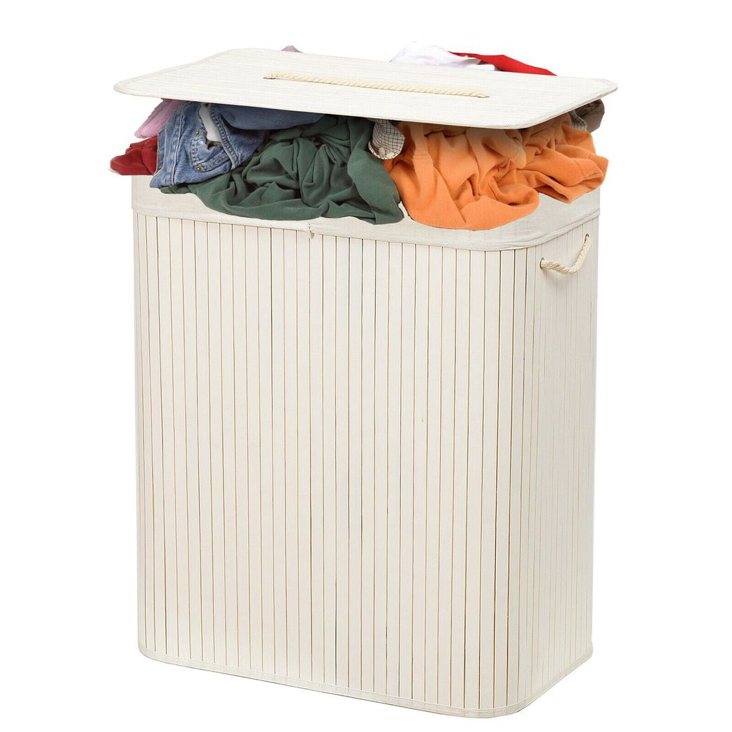 Rectangular Bamboo Laundry Basket with Lid and Rope Handles, White